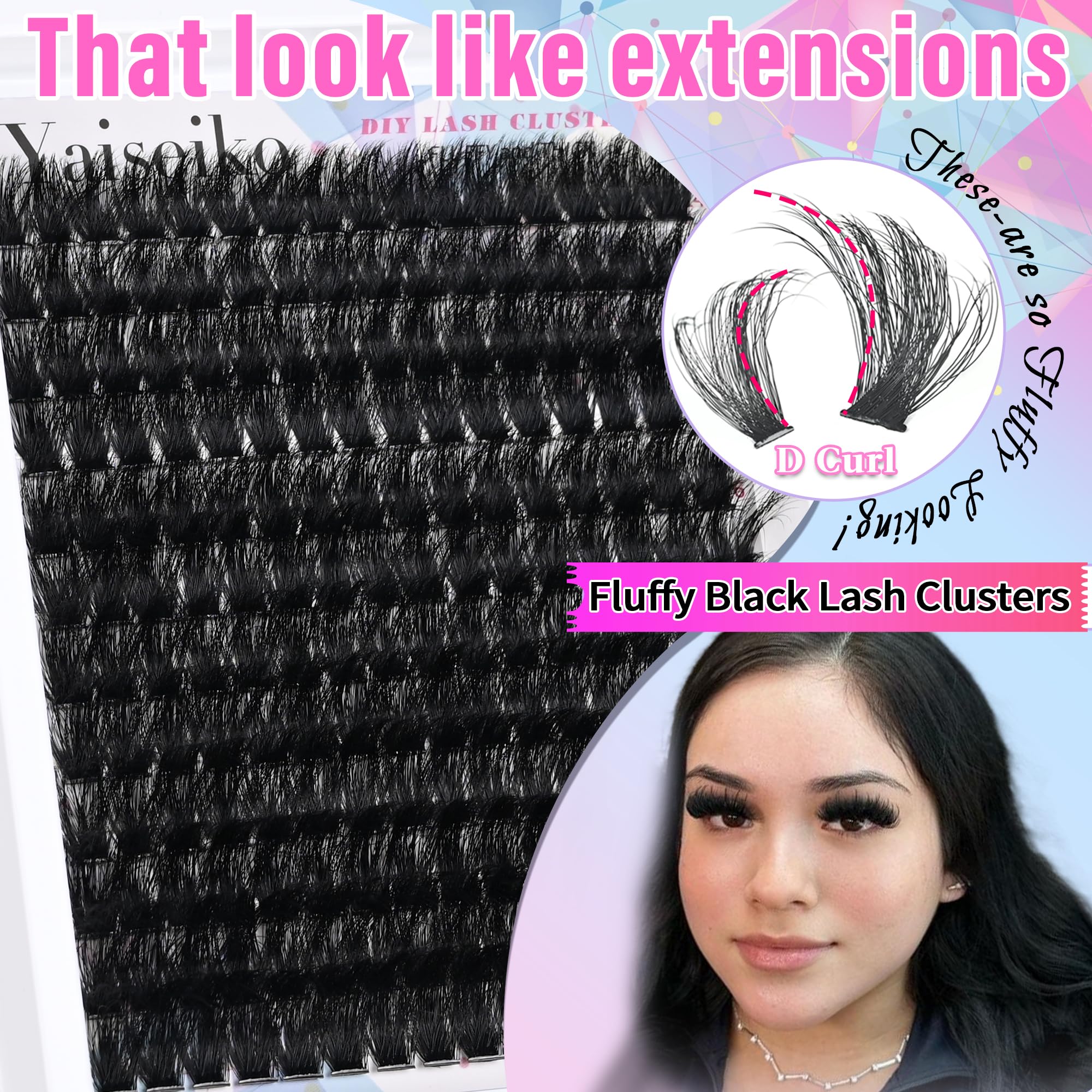 Yaiseiko Eyelash Clusters 14-22mm 200D Thick Volume DIY D Curl Wispy Plant Fibers, 192pcs