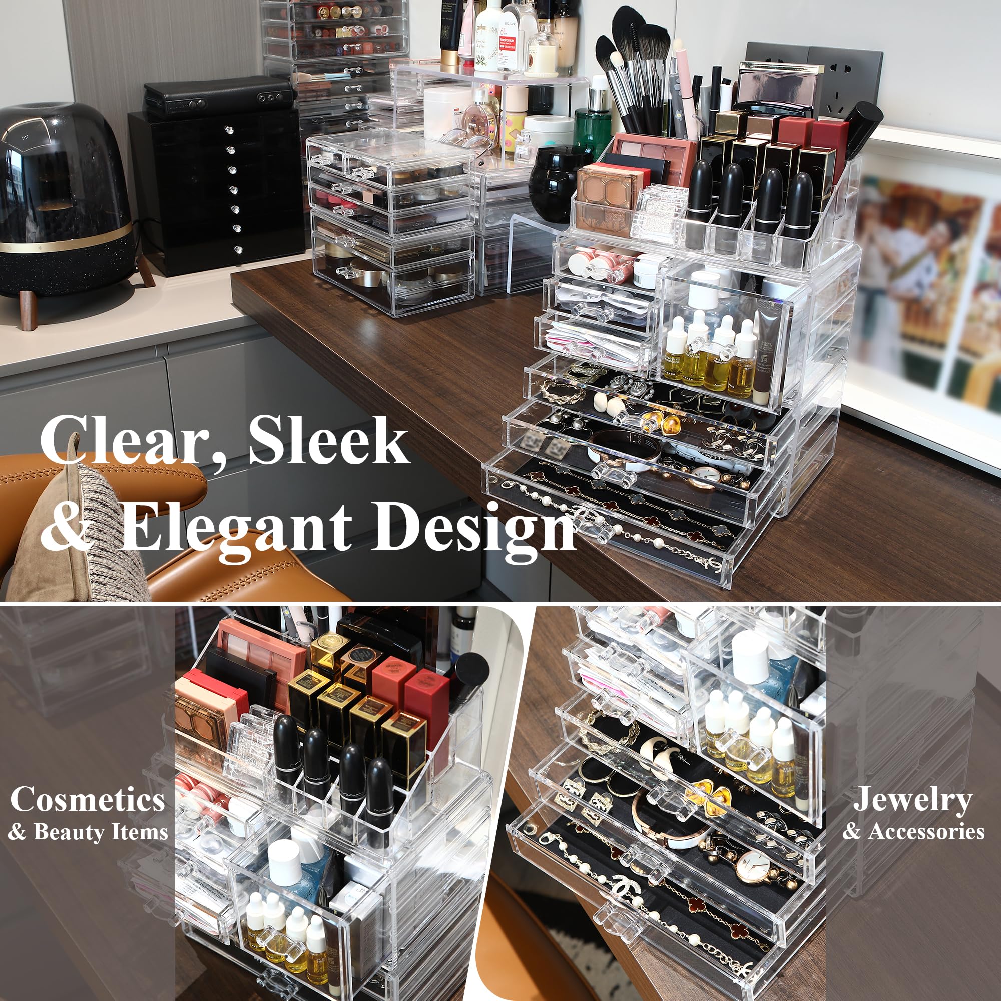 Sea Team 3-Layer Stackable Clear Makeup Organizer with Drawers, Acrylic Plastic Cosmetic Display Case, Jewelry Storage Box for D