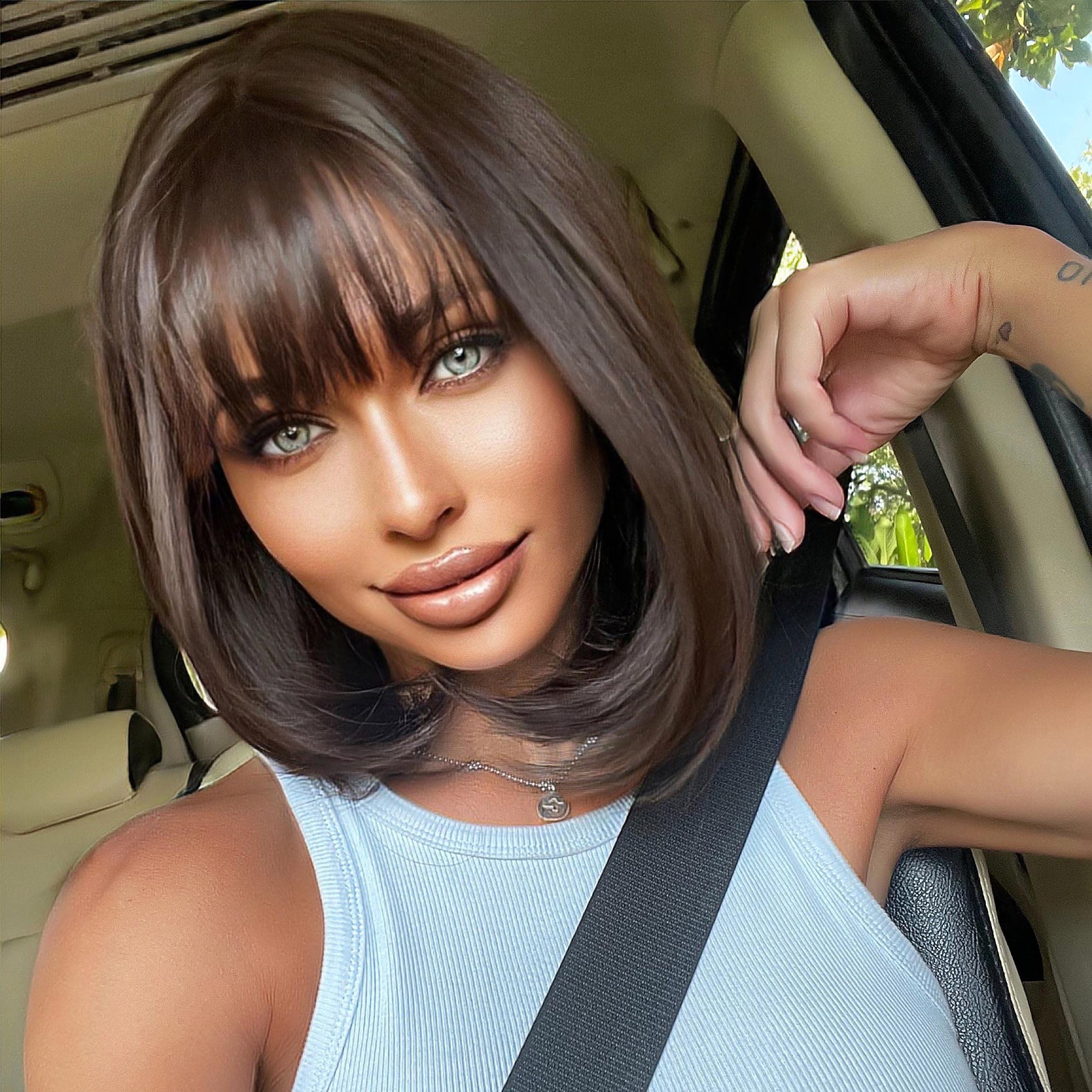 Emmor Dark Brown Bob Wigs For Women Shoulder Length Synthetic Wig With Fringe Bangs High Heat Resistant Wig(Dark Brown)