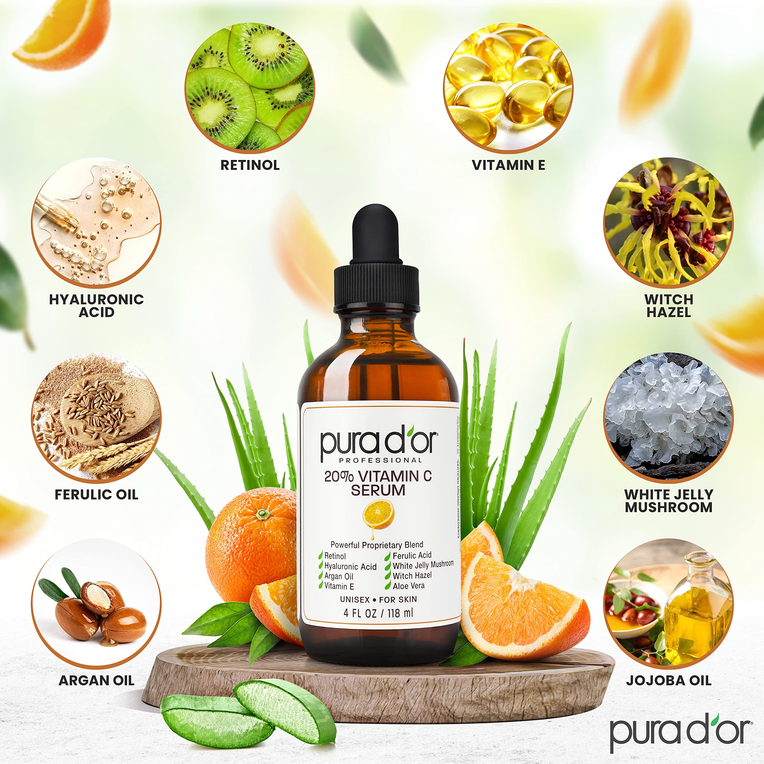 PURA D'OR 20% Vitamin C Serum (4oz BEST VALUE) Lightweight Maximum Strength Formula,Hyaluronic Acid,Retinol,Professional Grade T