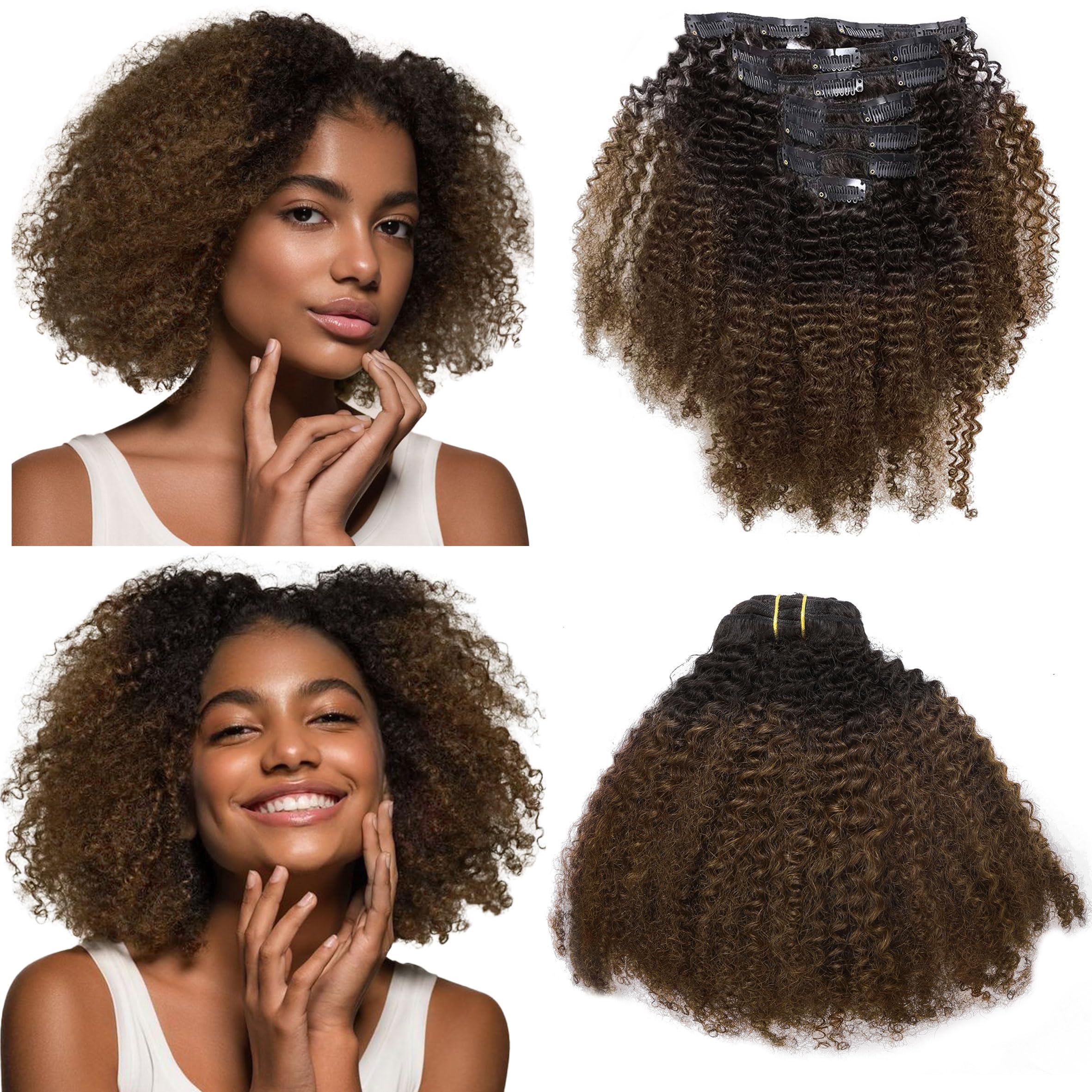 Anrosa Kinky Curly Clip in Hair Extensions Human Hair for Black Women,3C 4A Natural Hair Clip ins 8A Brazilian Double Wefts,10 i
