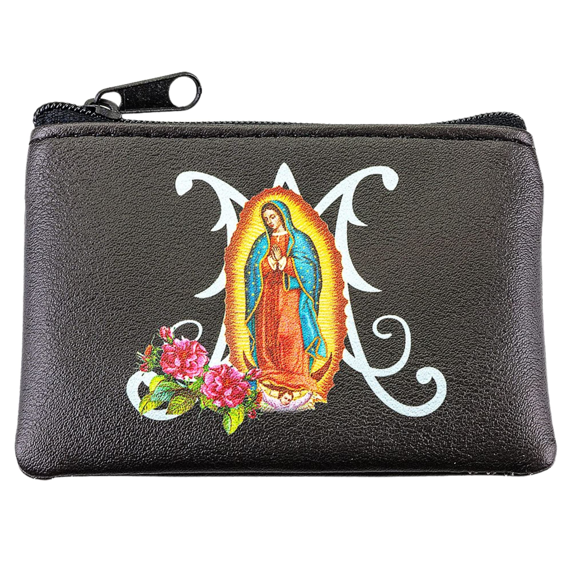 Needzo Our Lady of Guadalupe Black Leatherette Rosary Pouch with Zipper Closure, Neutral Travel Cases and Pouches for Rosaries, 