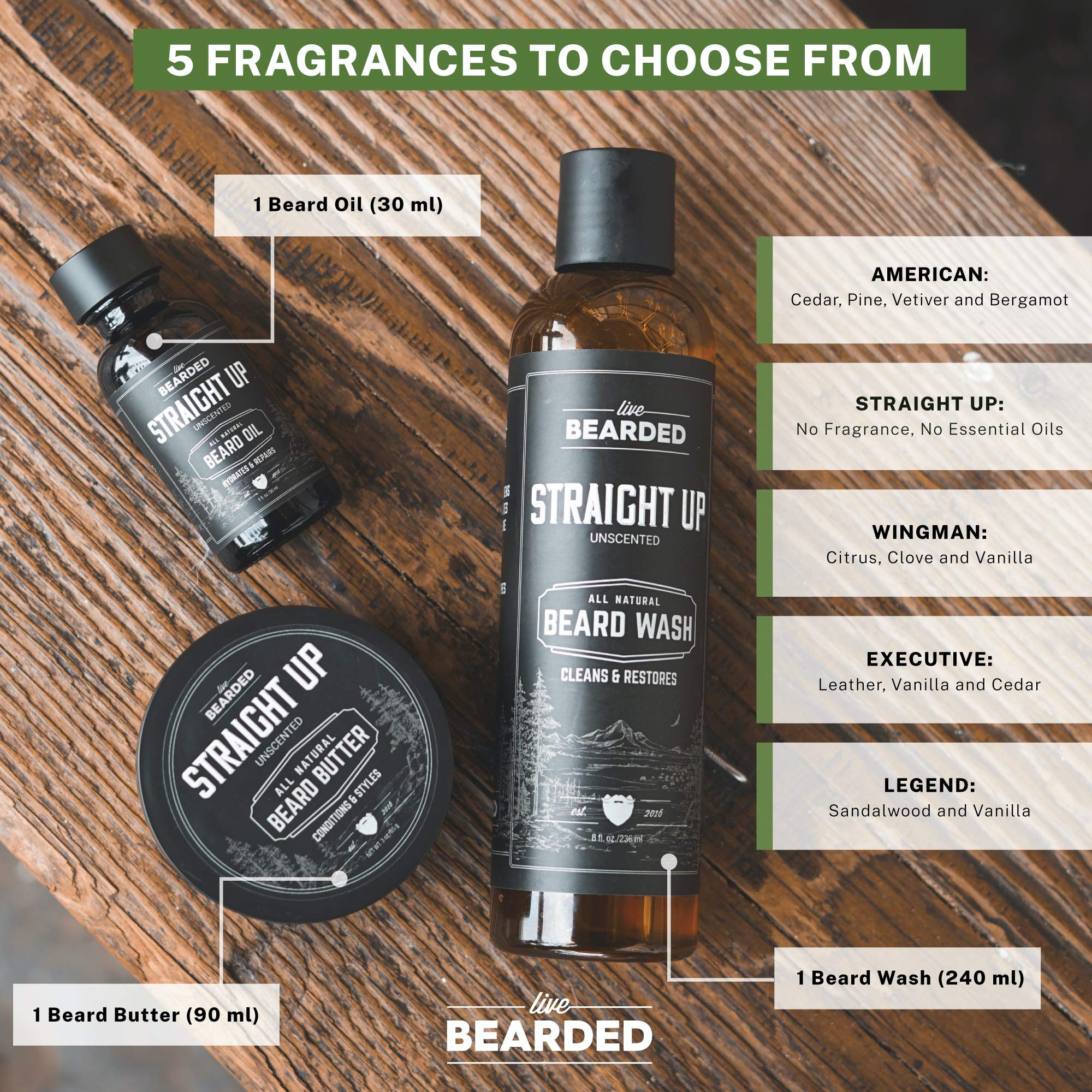 Live Bearded: 3-Step Beard Grooming Kit - American - Beard Wash, Beard Oil And Beard Butter - All-Natural Ingredients With Shea