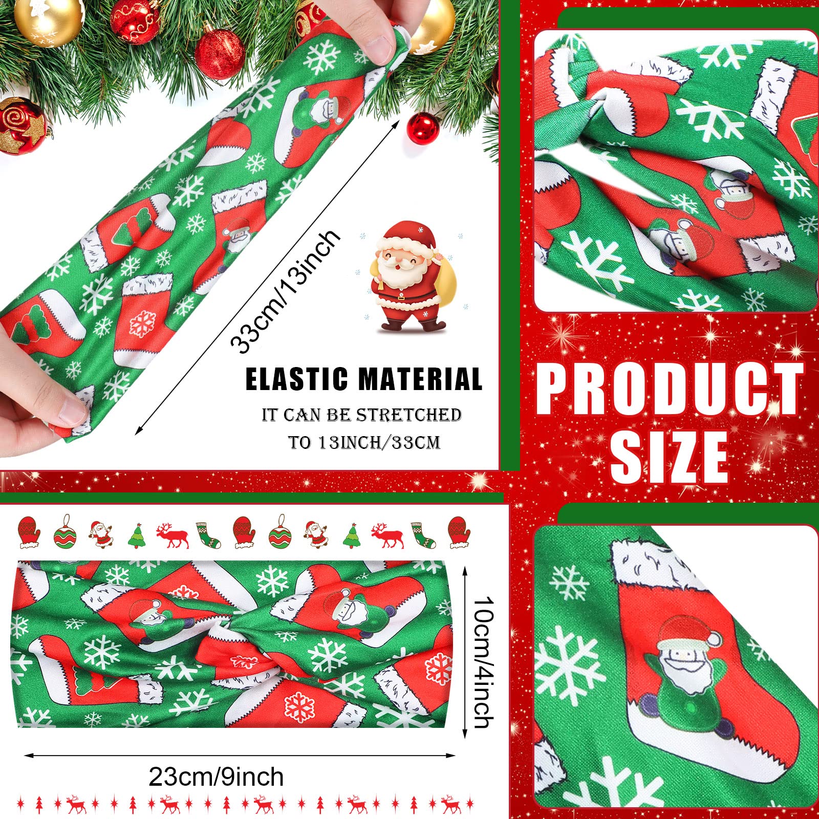 20 Pieces Christmas Headband For Women Christmas Stretchy Headbands Elastic Hair Bands Turban Hair Wraps Santa Claus Snowman Twi