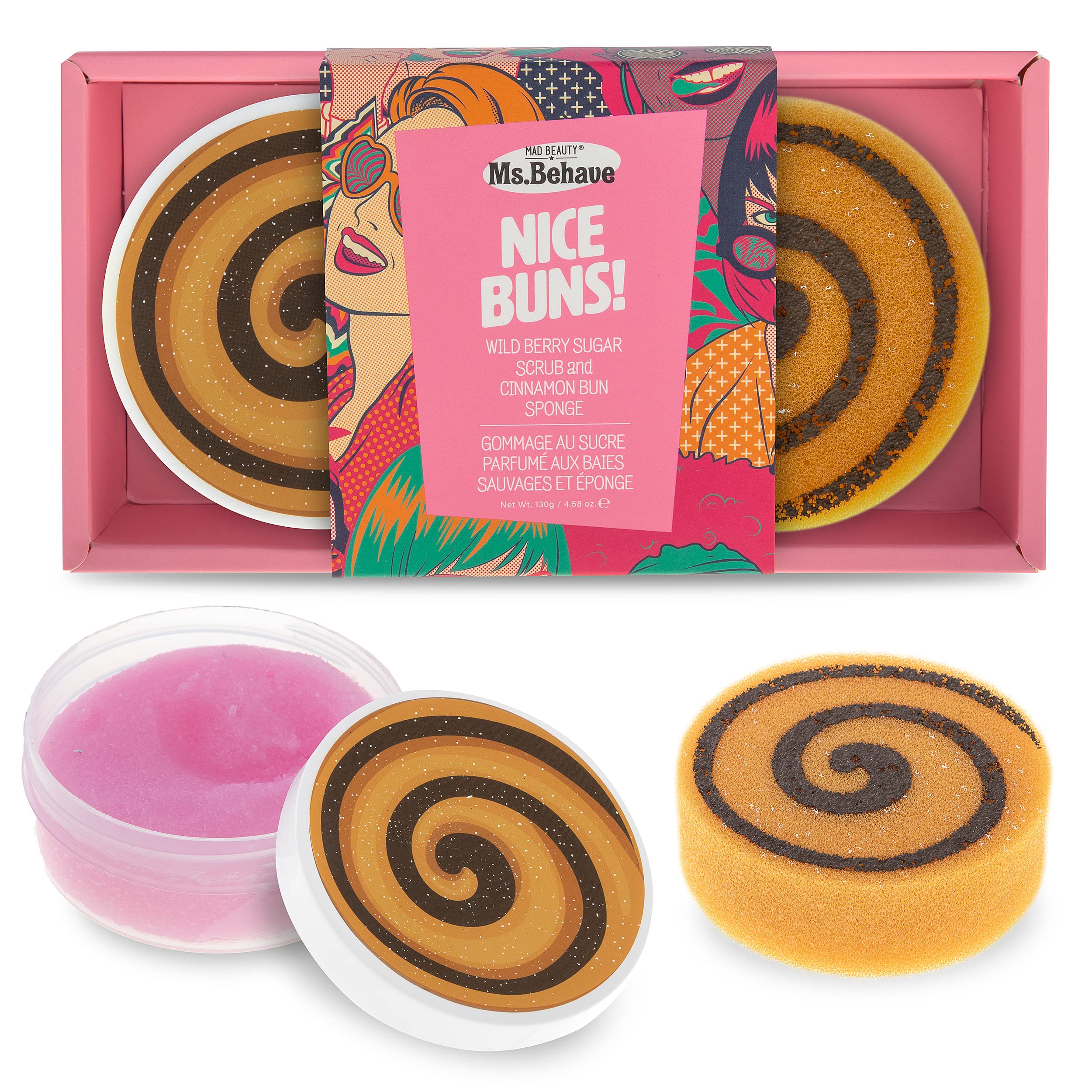 MAD BEAUTY Ms. Behave Nice Buns! Booty Scrub Set, Wildberry Sugar Scrub & Cinnamon Bun Sponge, Removes Dead Skin for Smooth, Bab