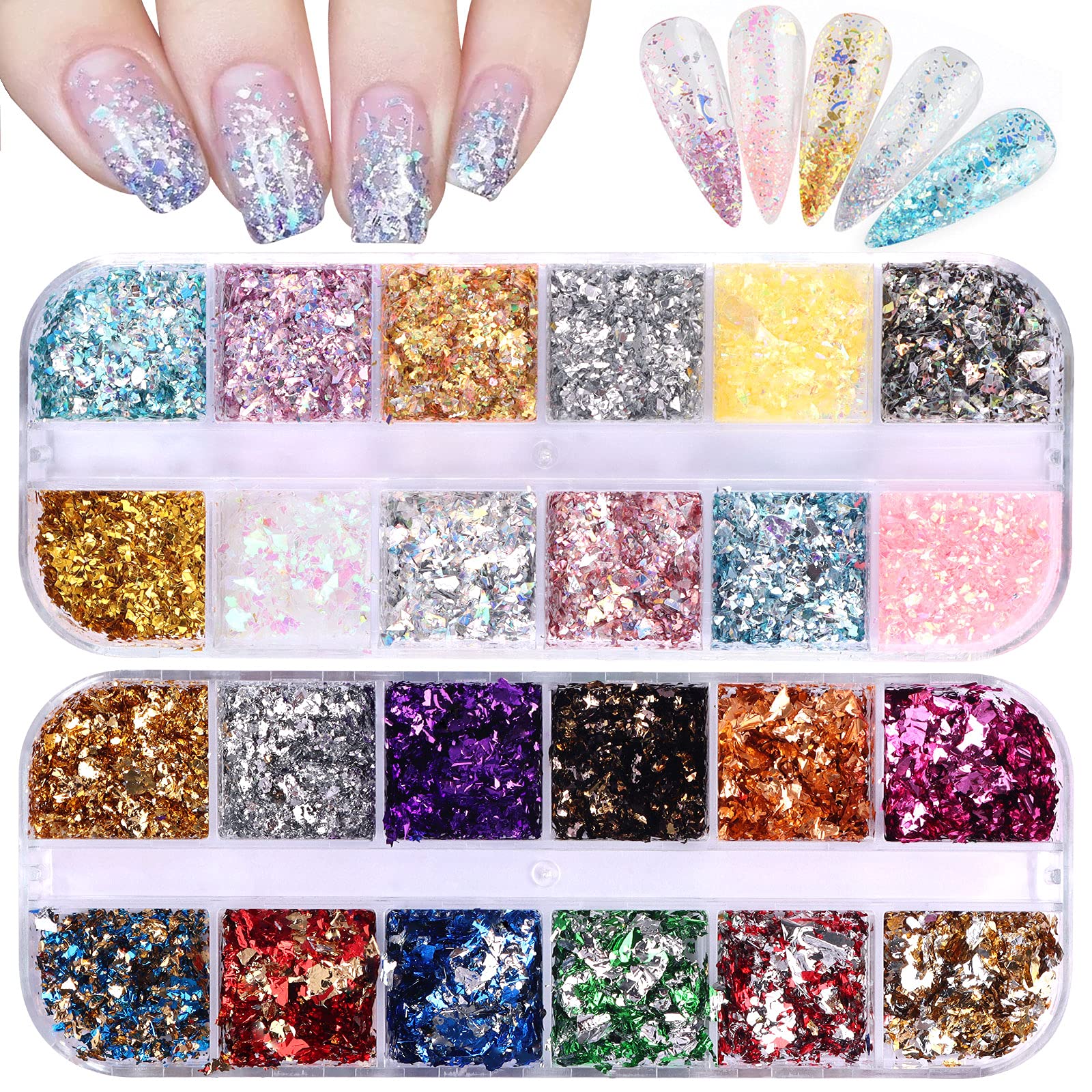 24 Grid Holographic Nail Art Foil Flakes, EBANKU Nail Foil Flakes Glitter Nail Sequins Confetti Gold Silver Irregular Glitter Mi