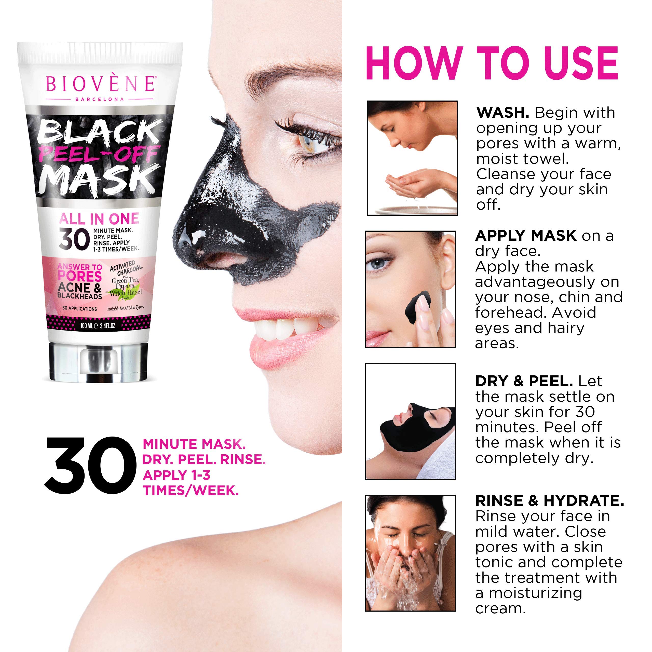 Biov?ne Black Peel-Off Mask, 3.4 oz Tube, Black Face Mask to Combat Acne, Blemishes and Blackheads with Activated Charcoal, Aloe