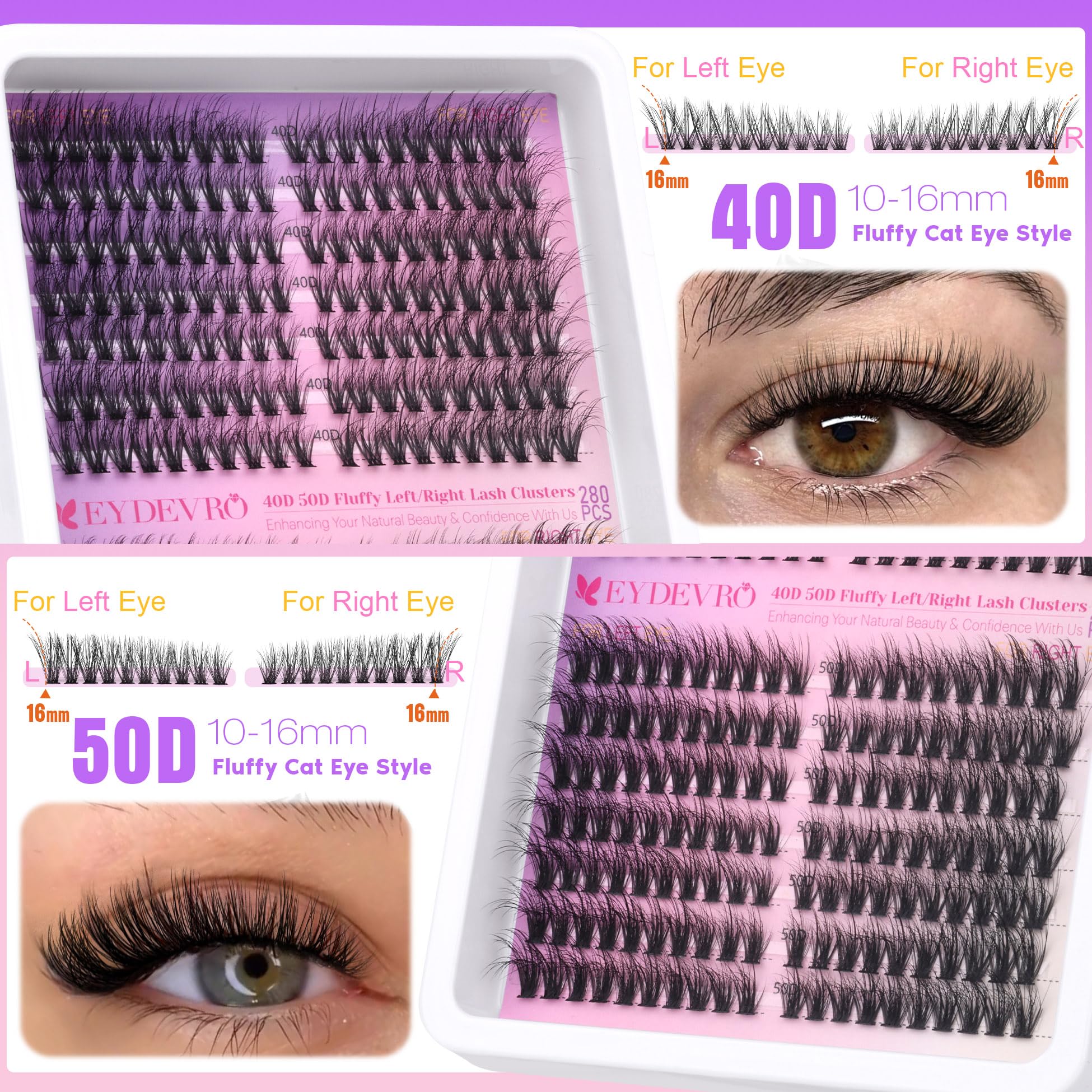 Eydevro Lash Clusters Kit Natural Wispy Lash Extension Kit 40D50D Eyelash Extension Kit 280Pcs Cluster Lashes Individual Lashes