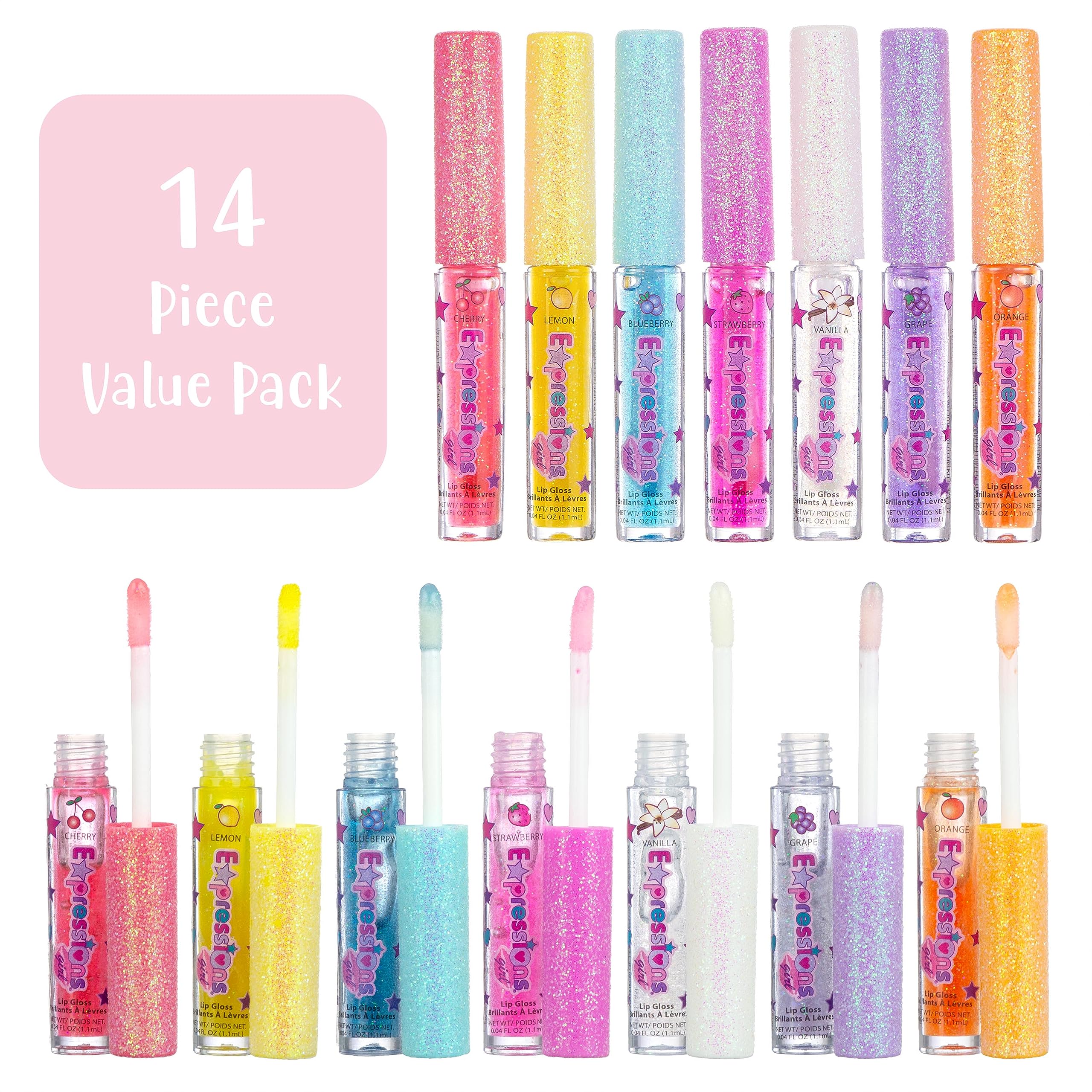 Expressions Girl 14Pc Fruity Flavored Lip Gloss Set, Long Lasting Glossy Lip Makeup For Kids/Teens - Fruity Flavors Lip Gloss Va