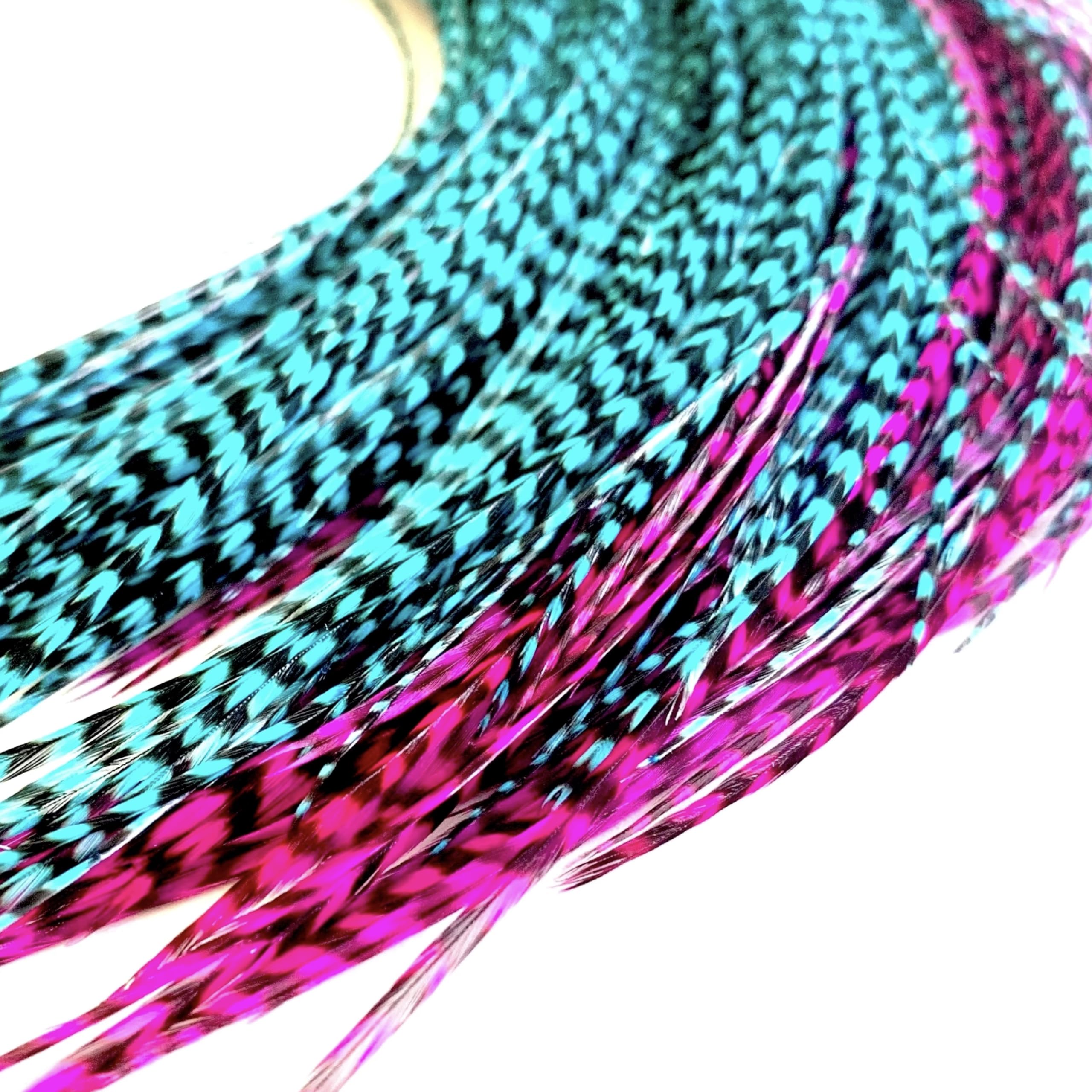 21 Hot Pink & Turquoise Grizzly Color Hair Feathers - 7   - 12    Long - Feathers for Hair Extension, Rooster Feathers DIY Kit -