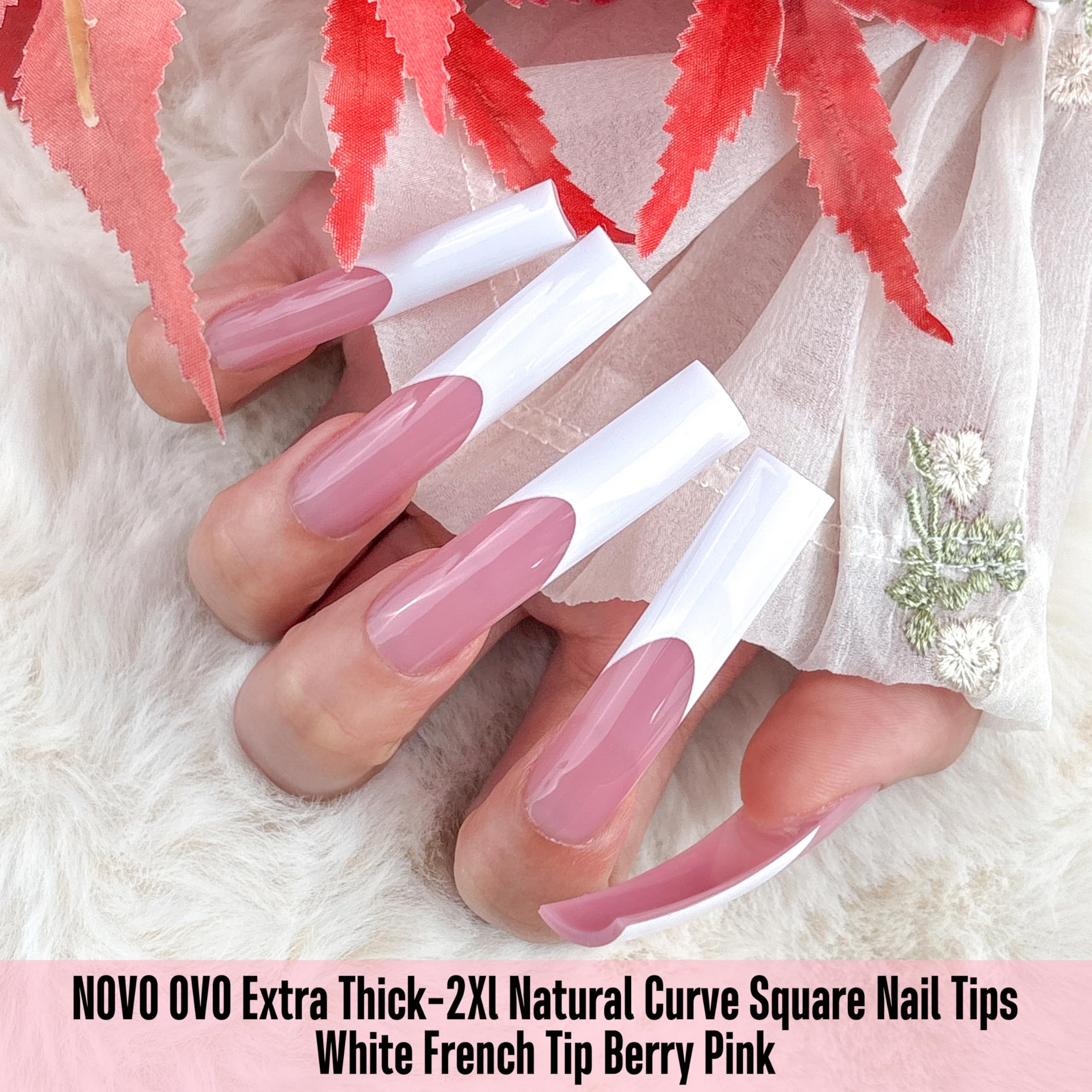 NOVO OVO Halloween XXL Sharp Square Slight Curved Nail Tips French Tip BERRY PINK, Full Cover Press on Acrylic, Extra Thick Soft