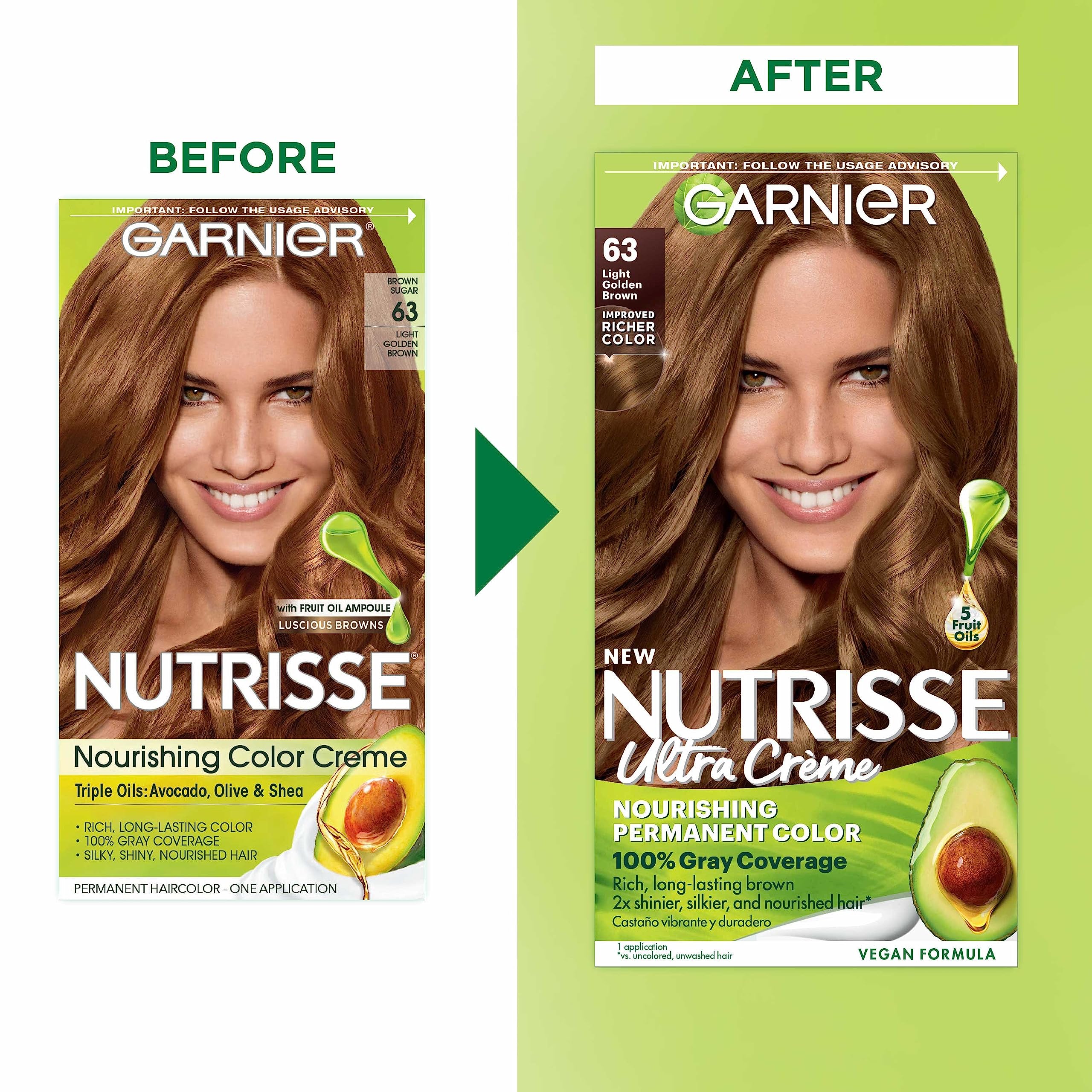 Garnier Hair Color Nutrisse Nourishing Creme, 63 Light Golden Brown (Brown Sugar) Permanent Hair Dye, 2 Count (Packaging May Var