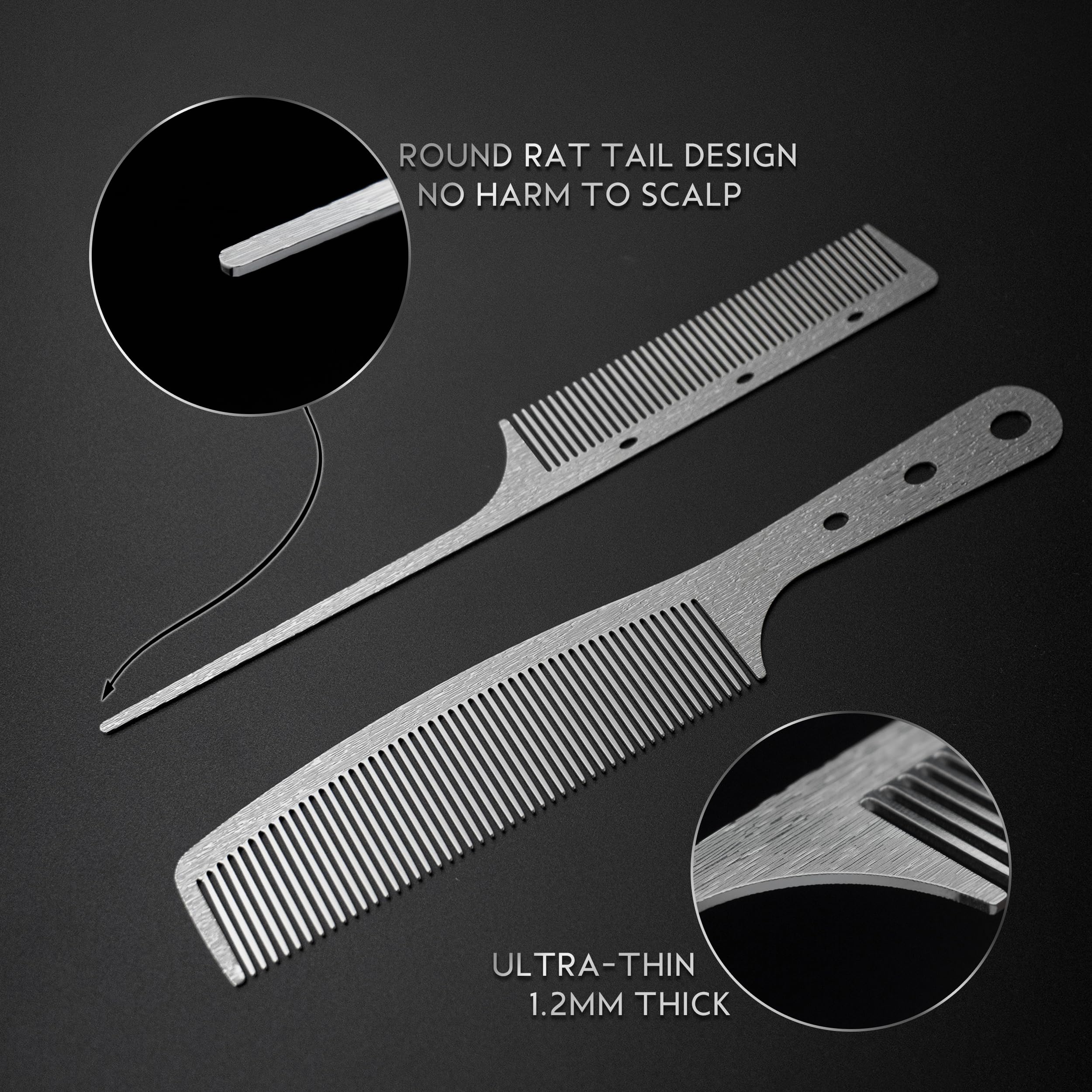 Dolmifapro Stainless Steel Rat Tail Comb Set - 2 Pcs Teasing Combs with Metal Pick, Silvery Wood Grain Design for Hair Styling