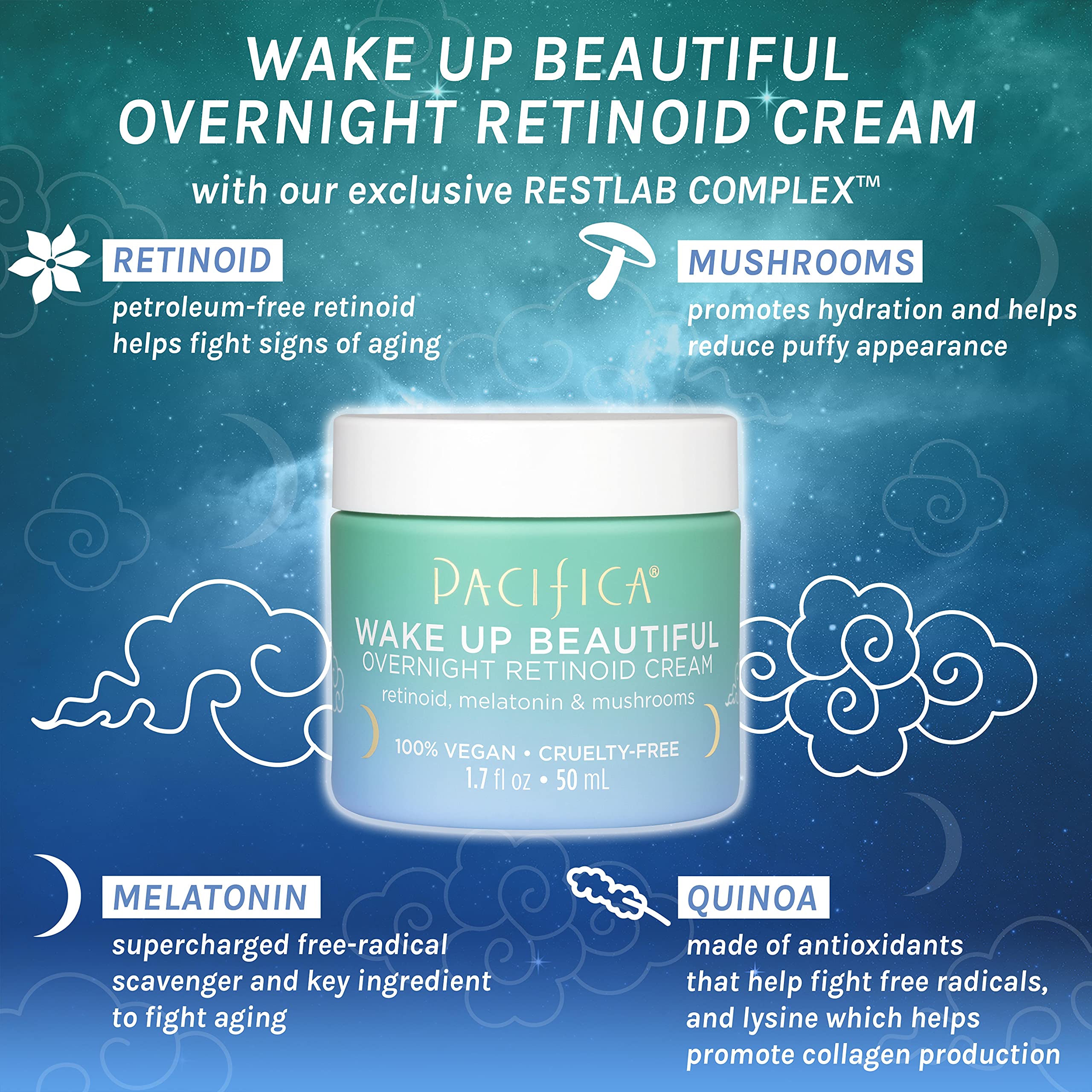 Pacifica Beauty, Wake Up Beautiful Overnight Retinoid Night Face Cream, Moisturizer for Dry and Aging Skin, Gentle for Sensitive