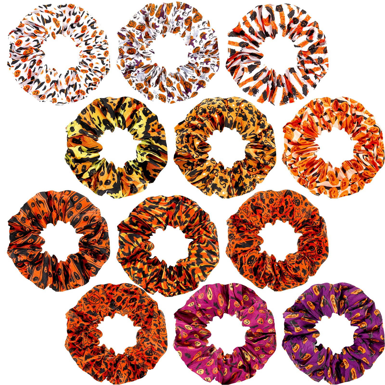 12 Pcs Halloween Hair Scrunchies Hair Accessories For Women Hair Ties Pumpkin Halloween Gifts Bat Elastic Satin Ponytail Holders