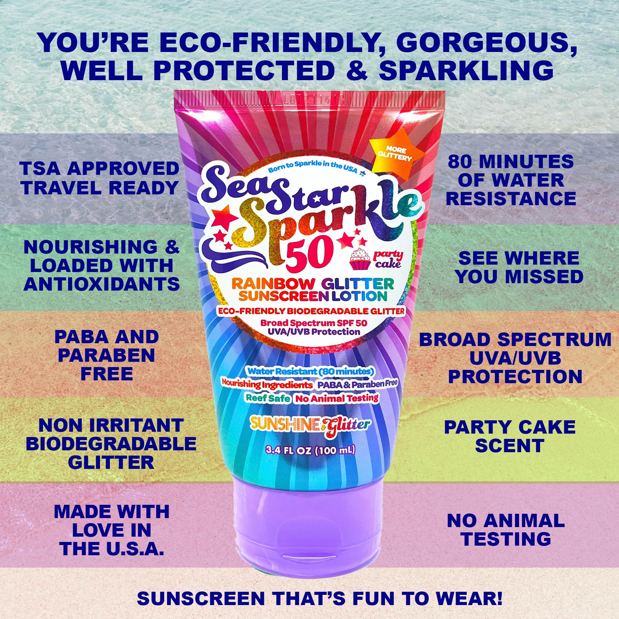 Seastar Sparkle - Rainbow Party Cake Scented Glitter Sunscreen - Spf 50 - Biodegradable Sunscreen, Kids, Water Resistant, Glitte