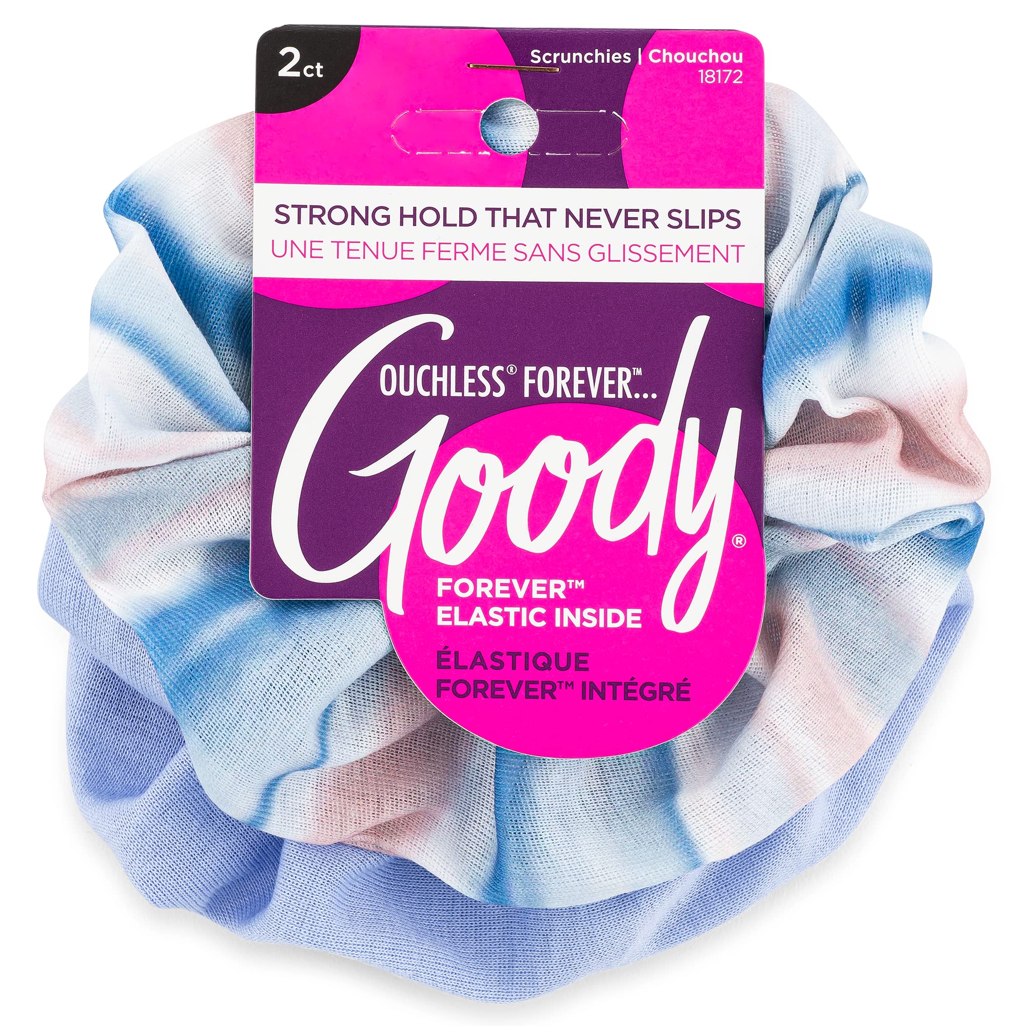Goody Ouchless Forever Cotton Scrunchies, 2 Ct, Blue Stripes, 3X Stronger Damage-Free Hold Hair Scrunchies, 16 Strand Inner Core