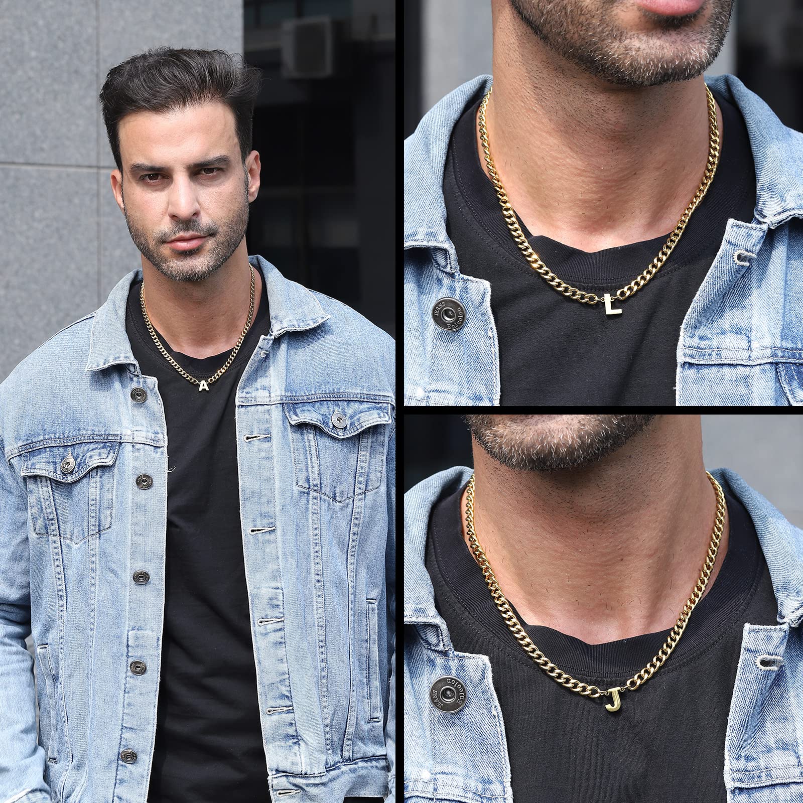 DuoDiner R Letter Necklace Initial Cuban Link Chain for Men Boys Stainless Steel Pendant Gift Gold