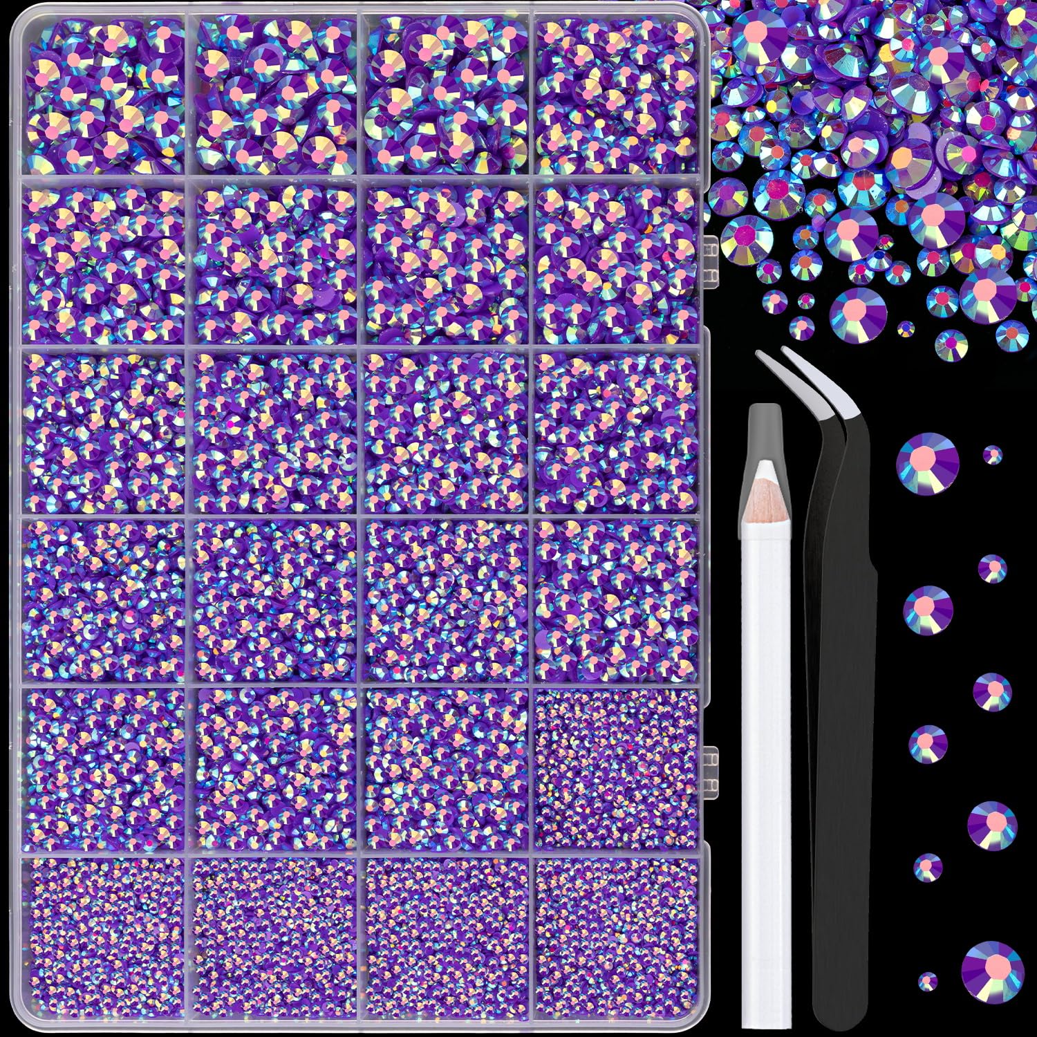 25000Pcs Resin Jelly Rhinestones for Crafting, Dark Purple AB 2-6mm Mixed Sizes Non Hotfix Flatback Gems, Bedazzling Crystal for