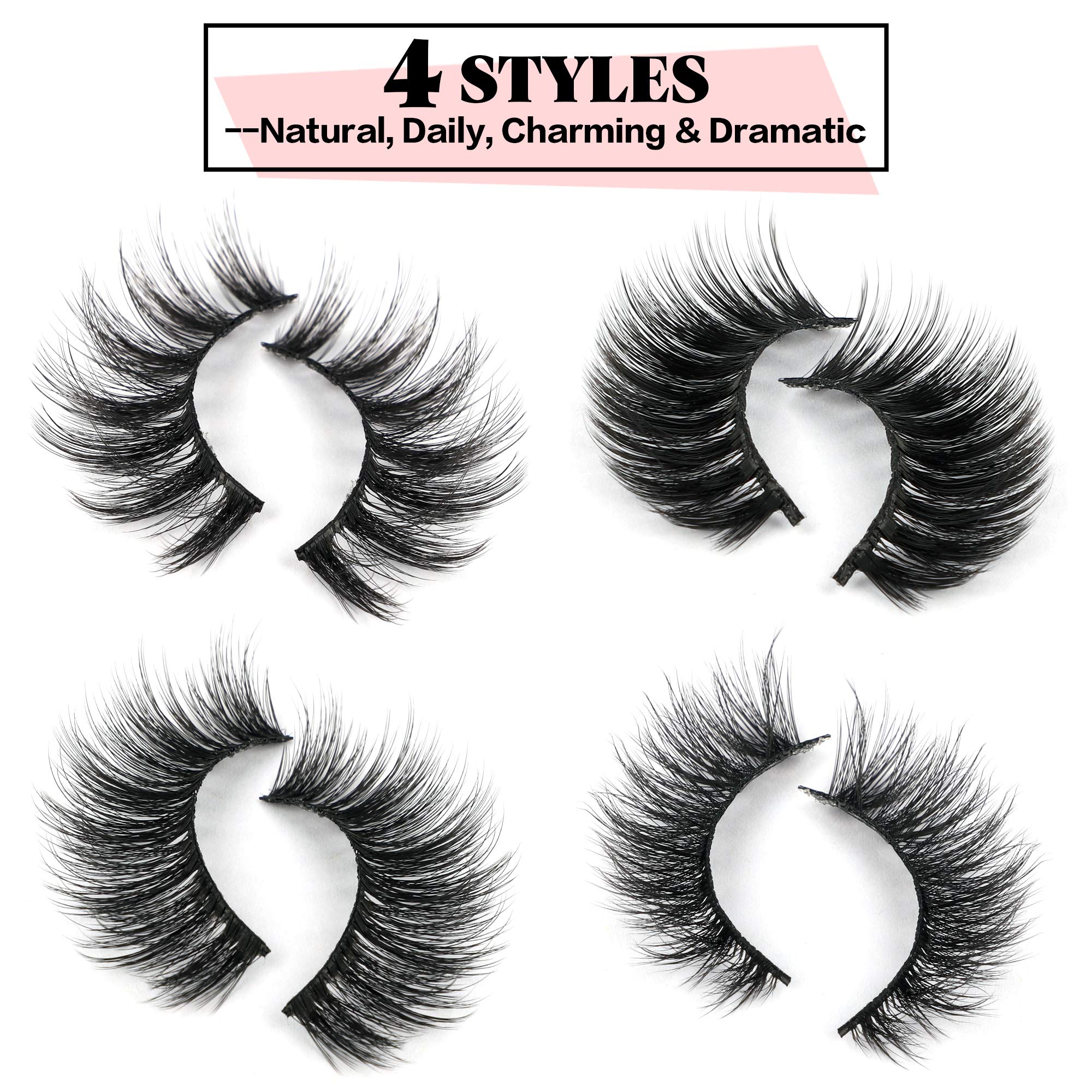 Jimire 20 Pairs False Eyelashes 4 Styles Fluffy Eyelashes Pack 3D Volume Faux Mink Lashes Packs