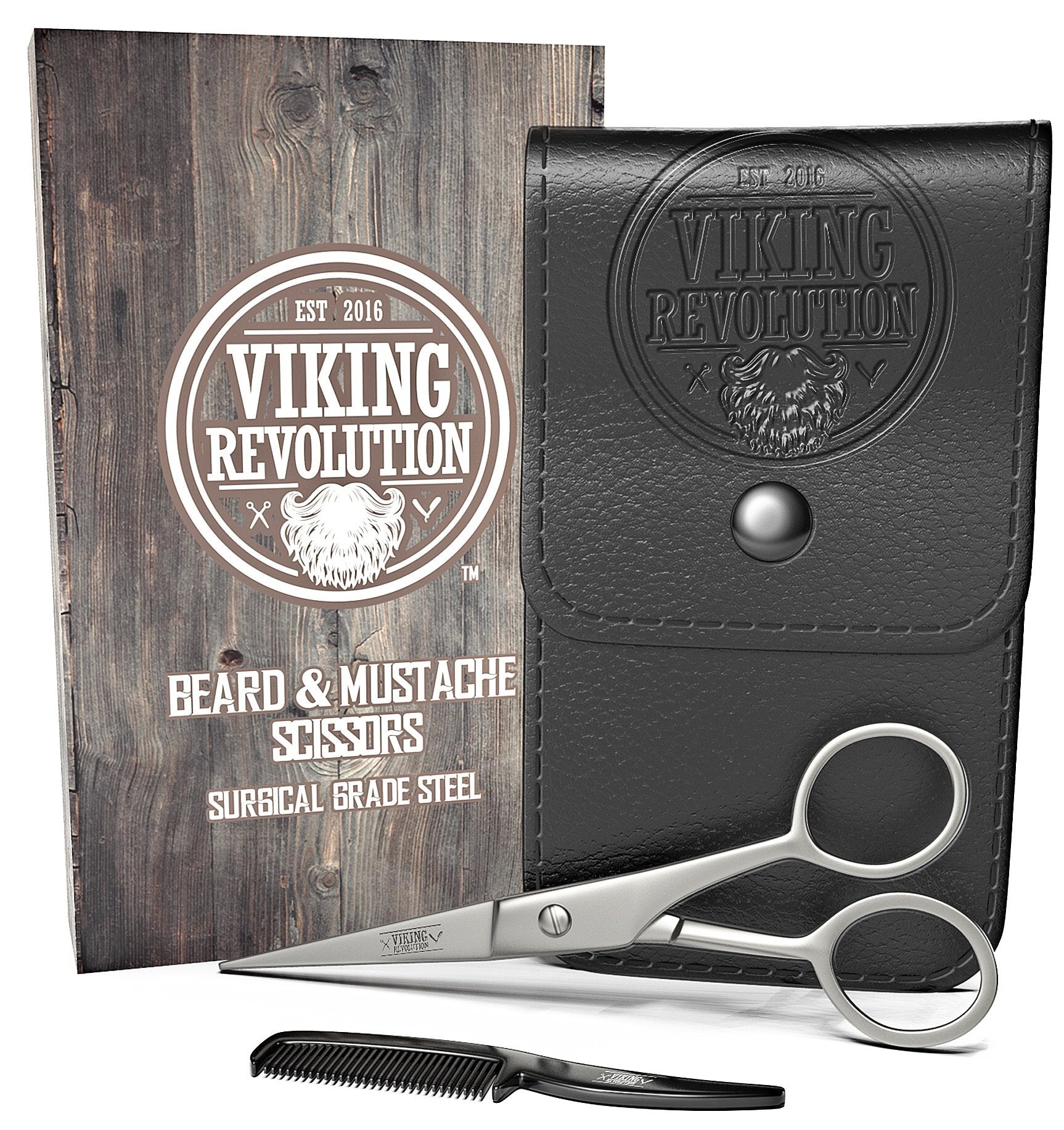 Viking Revolution - Beard and Mustache Scissors w/Comb and Synthetic Leather Case Professional Sharp Surgical Grade Steel for Tr