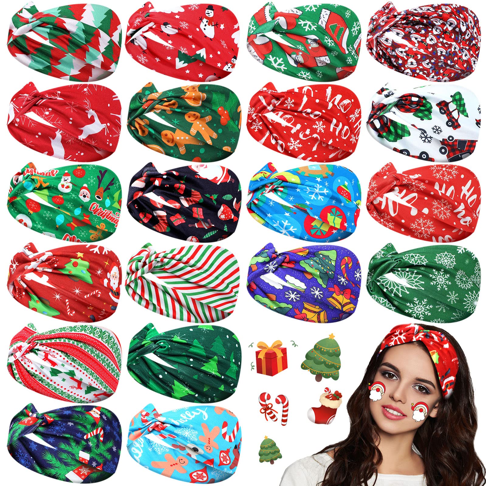 20 Pieces Christmas Headband for Women Christmas Stretchy Headbands Elastic Hair Bands Turban Hair Wraps Santa Claus Snowman Twi