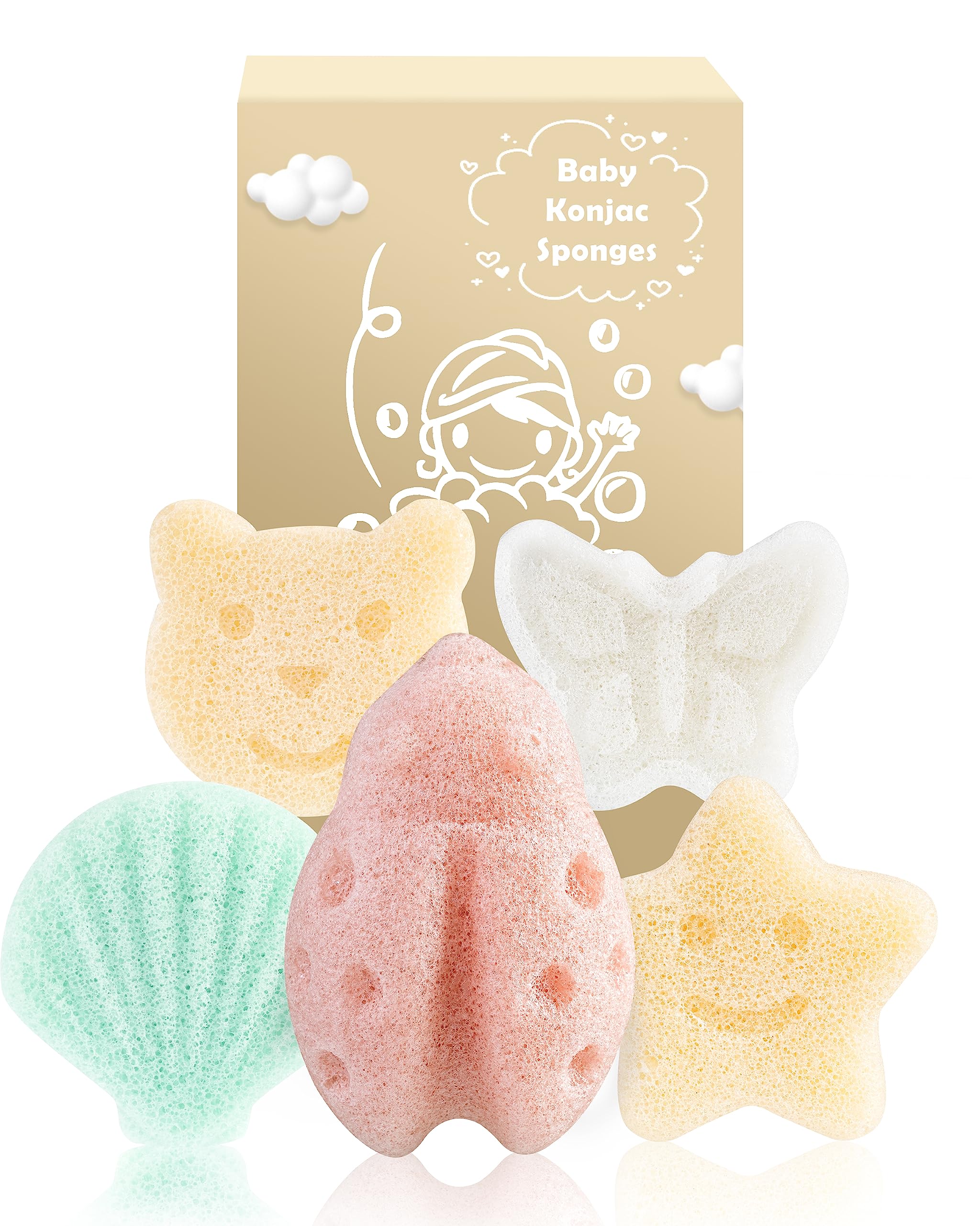 Mohern Konjac Baby Sponge For Bathing, 5Pcs Natural Cute Shapes, Kids Bath Sponges For Infants, Toddler Bath Time, Plant-Based,