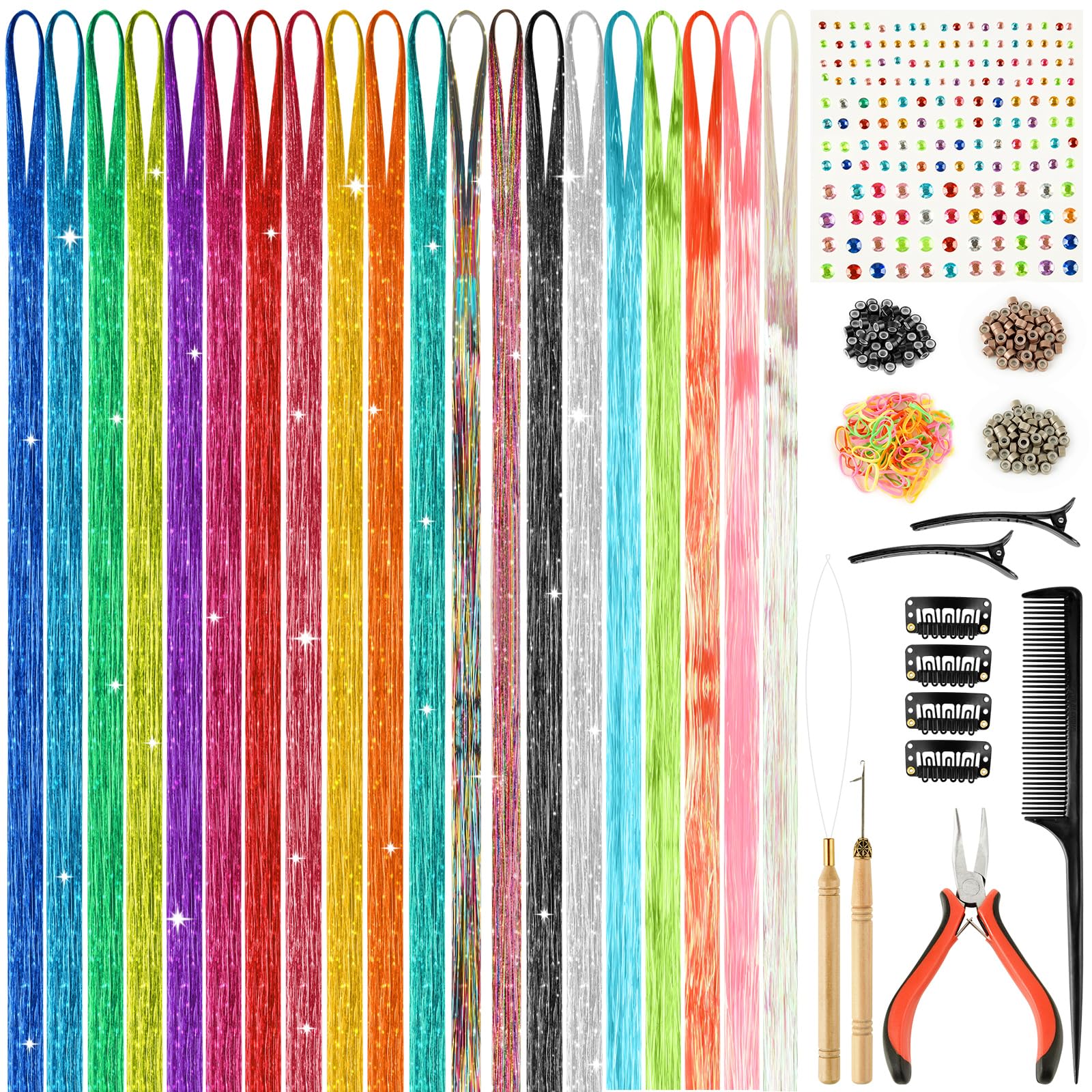 PLULON 20 Colors Hair Tinsel Kit with Tools 4000 Strands 47 Inches Tinsel Hair Extensions Glitter Fairy Hair Extensions Tinsel K