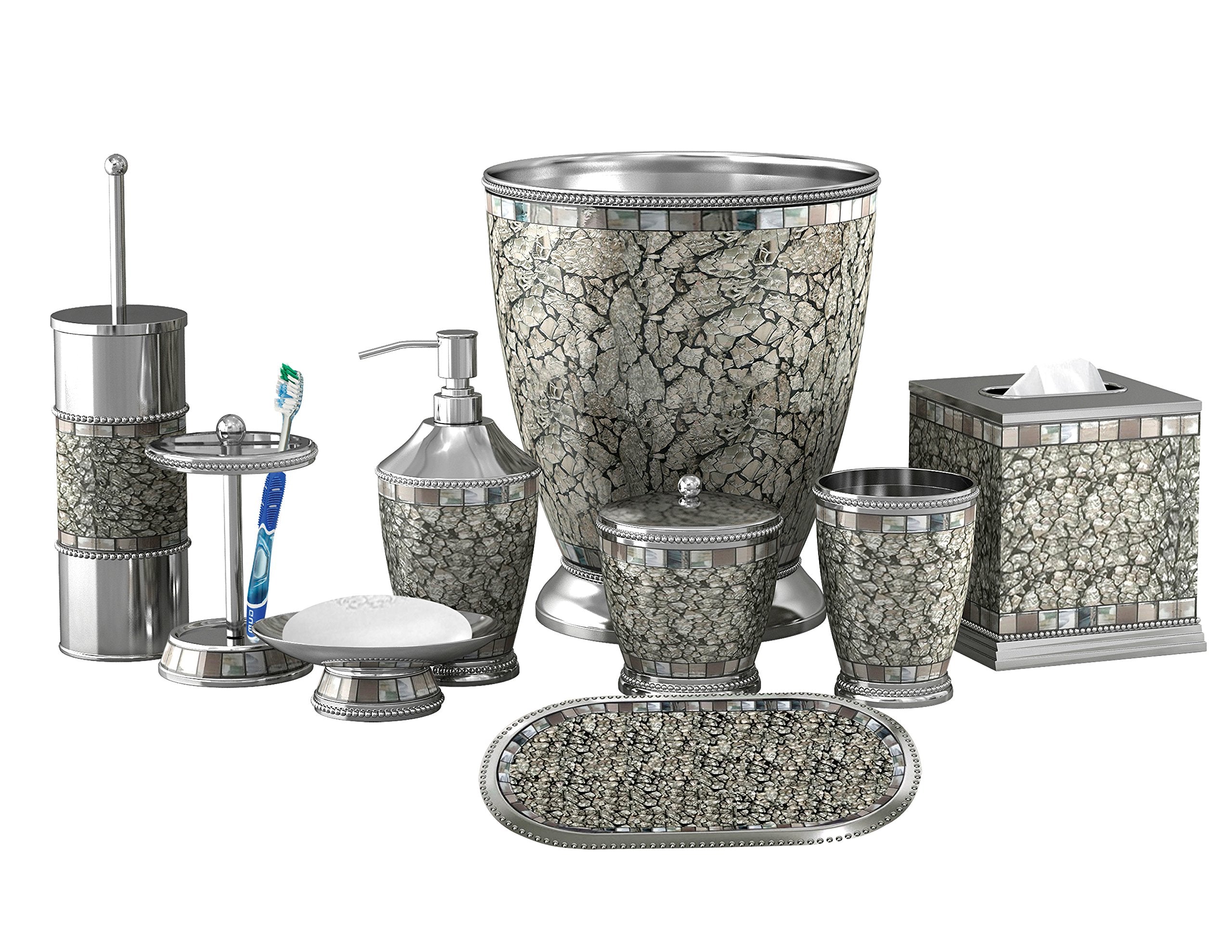 Nu Steel (Set Of 9) Iceberg Bath Accessory Set In Ice Gray: Includes Q-Tip Jar, Soap Dish, Toothbrush Holder, Tumbler, Soap/Loti