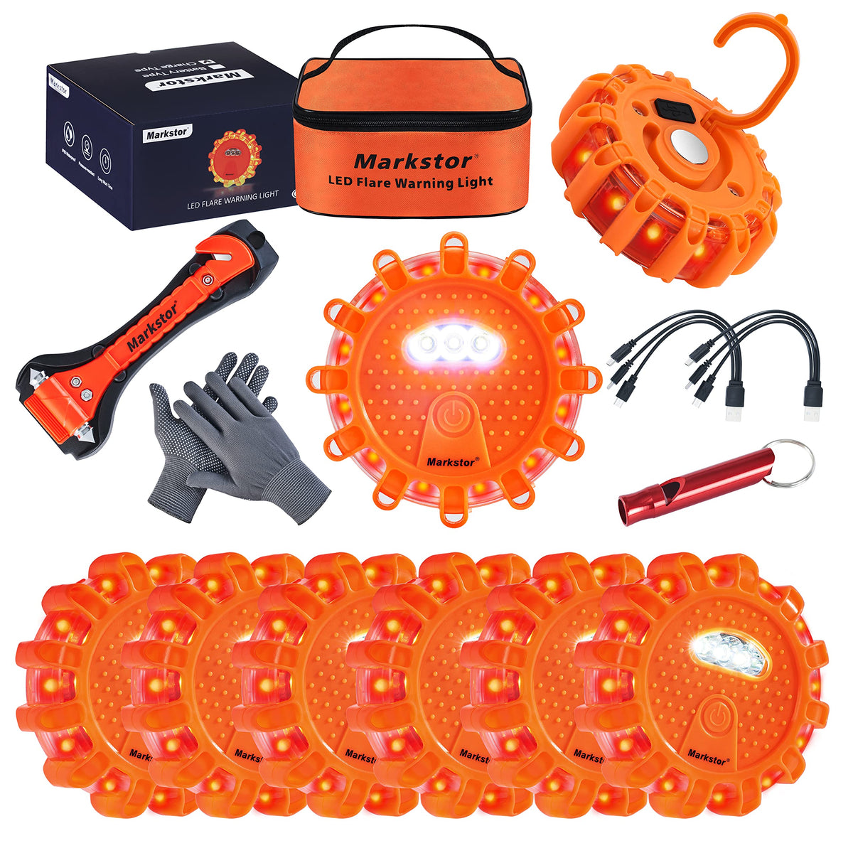 Markstor 8 Pack Led Road Flares Emergency Car Kit,Rechargeable (Lithium Battery) Warning Light Emergency Safety Flashing Roadsid