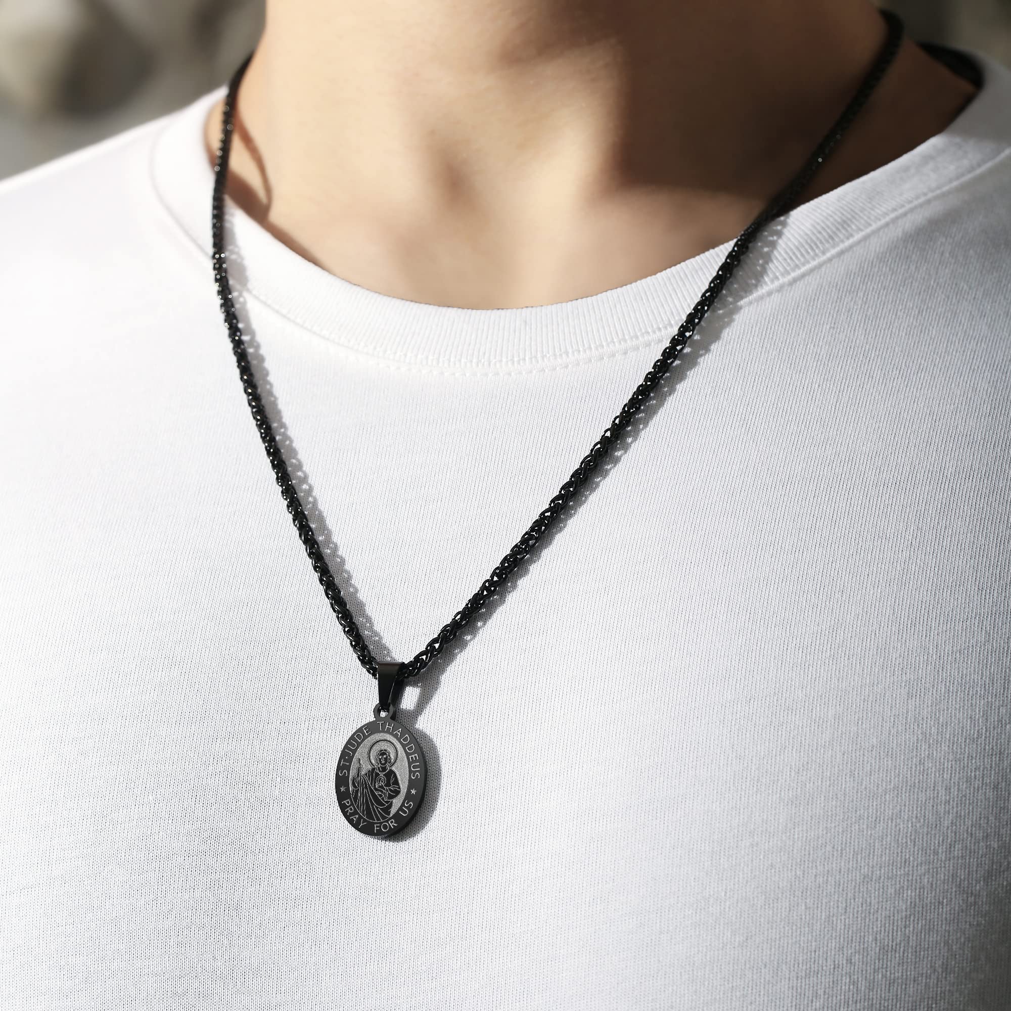 Zocomi Black Saint St Jude Thaddeus Medal Necklace for Men Boys, St. Jude Pendant Chain Jewelry Catholic Christian Religious Bap