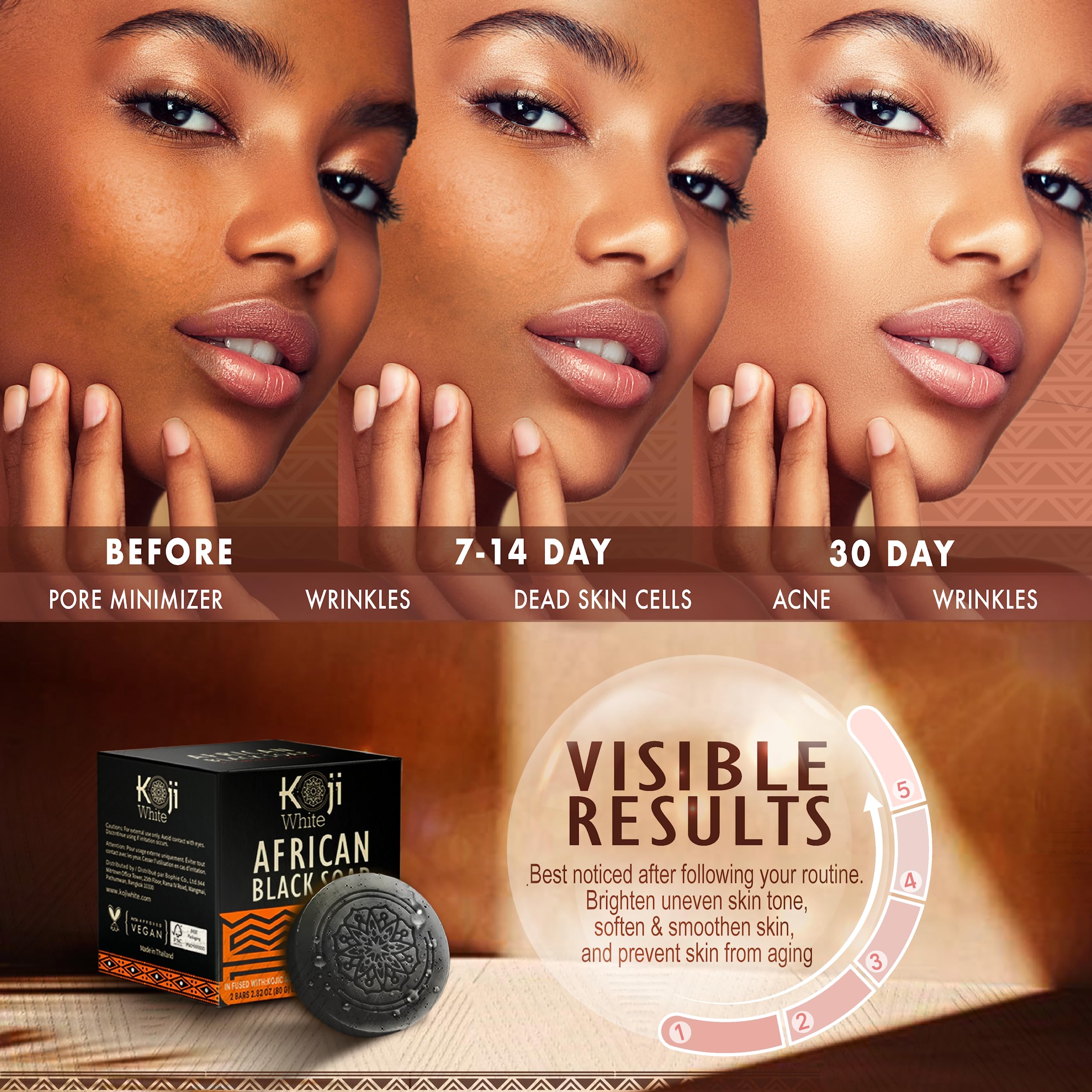 Koji White African Black Soap Bar For Face & Body Wash With Shea Butter - Exfoliating Soap, Moisturizer Skin With Kojic Acid, Al