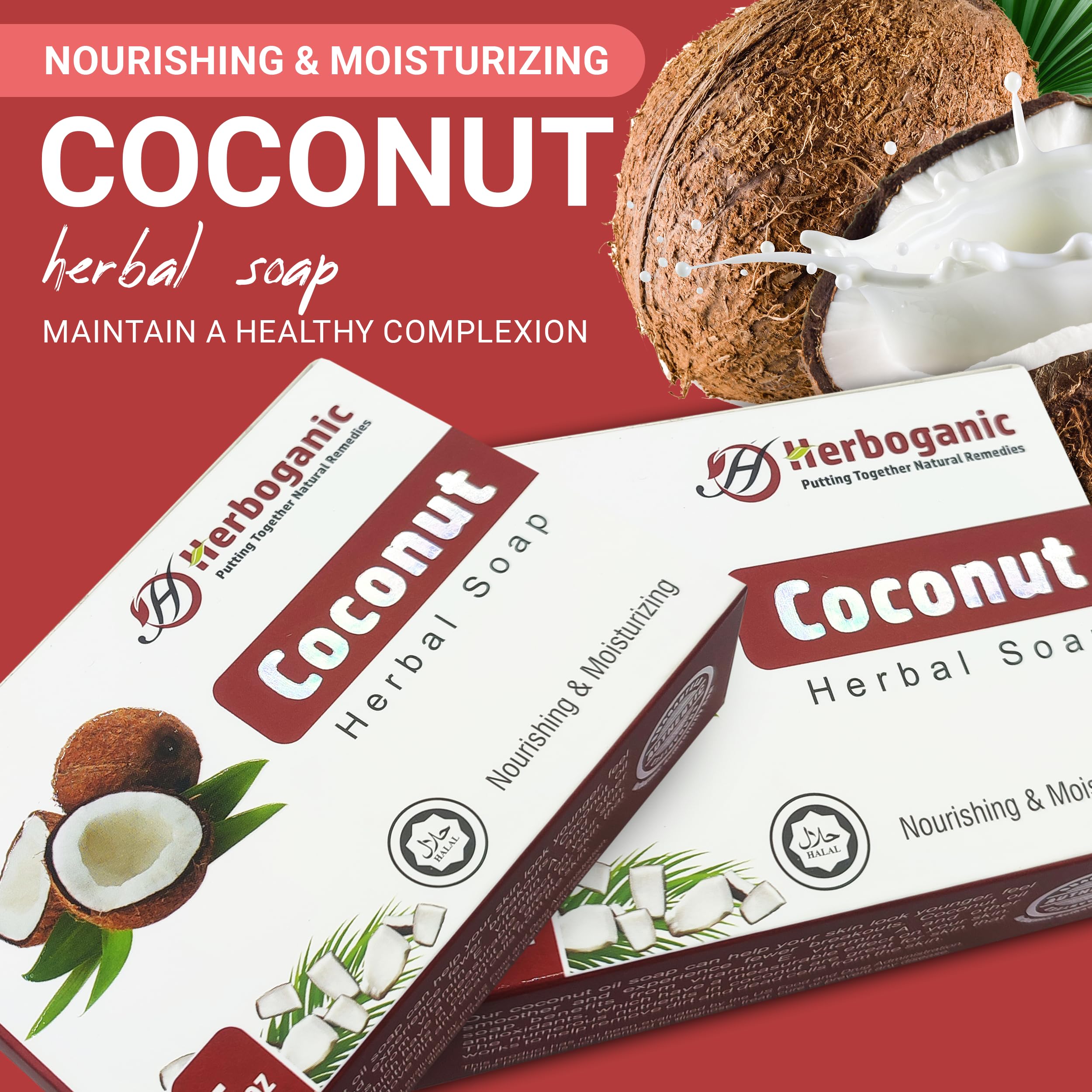 HERBOGANIC Coconut Herbal Soap | Pack of 3 of 5oz soap Bar | Natural Bar Soap for Face and Body | Hydrating and Nourishing | Sui