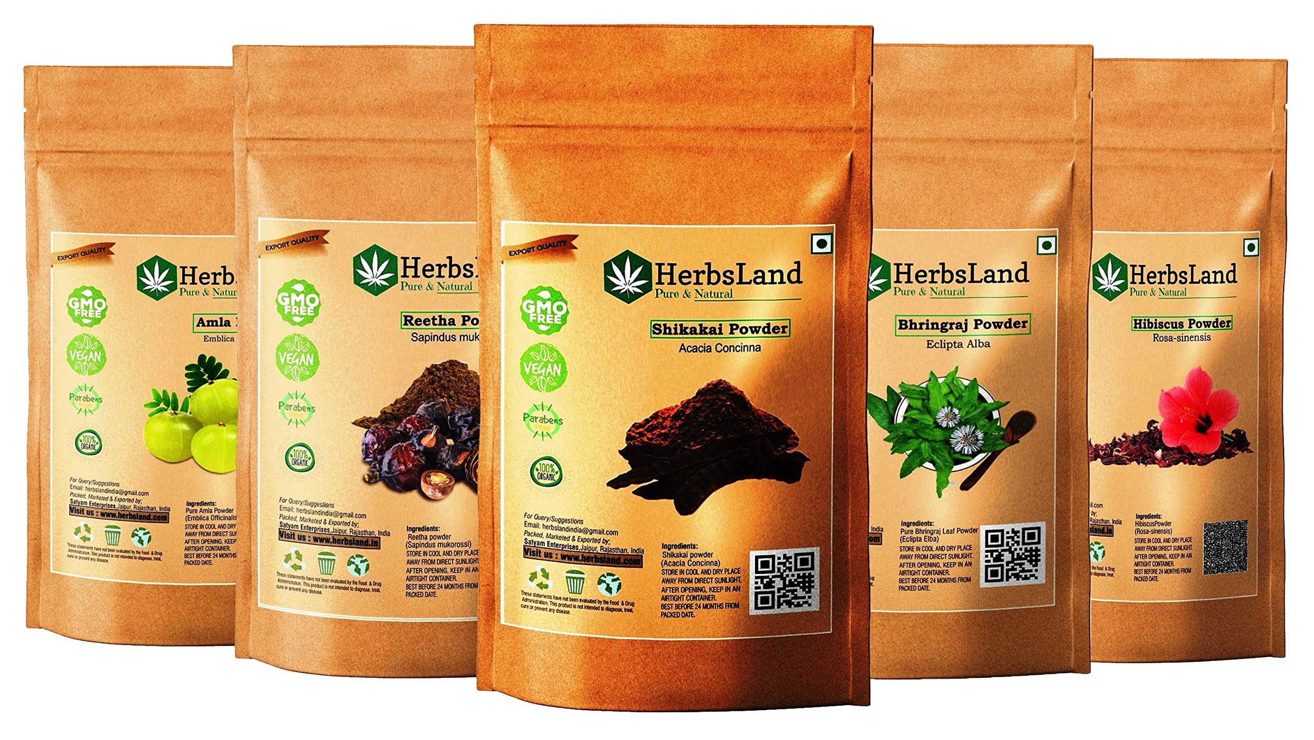 Herbsland Pure Bio Organic Amla Reetha Shikakai Bhringraj Hibiscus Powder For Hair Growth With AntiDandruff Treatment | Natural