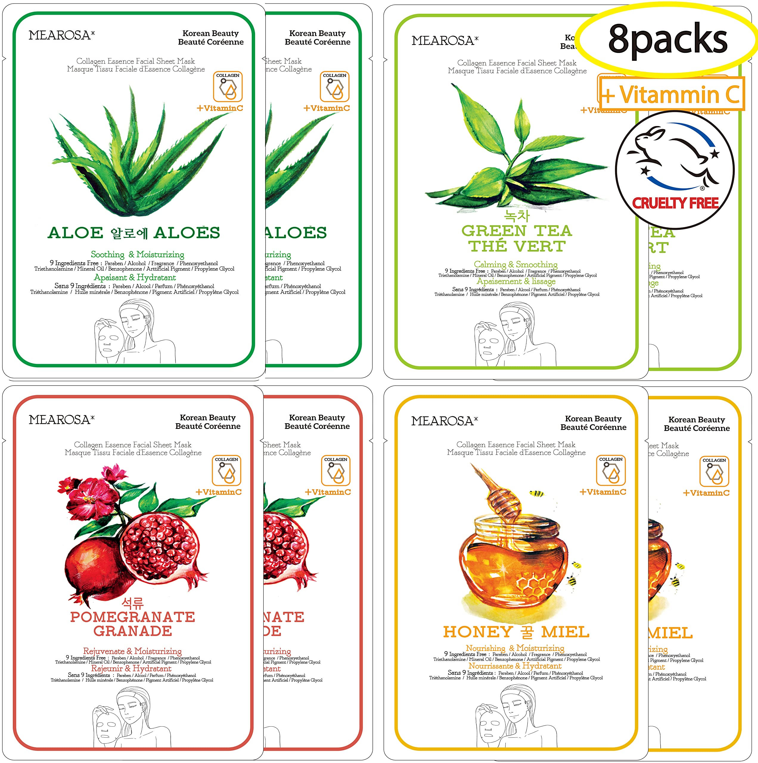MEAROSA DESIgN Vitamin c collagen Natural Essence Face Mask Beauty Facial Mask Sheet Mask Korea Skin care Premium Quality (8 pac