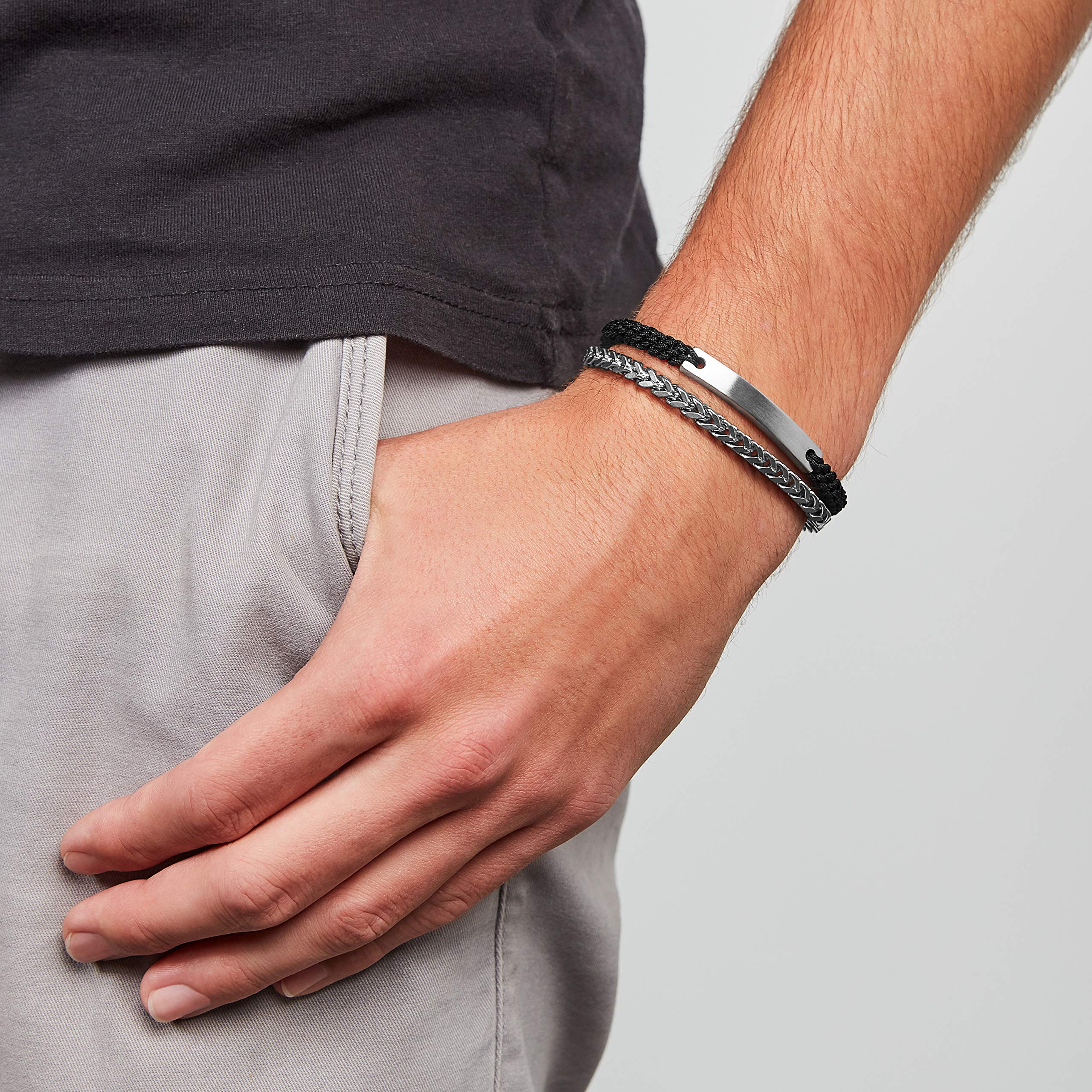 Fossil Men's Stainless Steel Engravable ID Bracelet, 180mm-195mm, Silver/Black, Model: JF03325040
