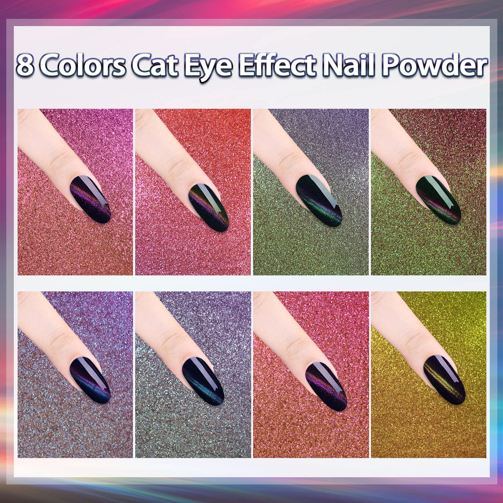 Laza 8 Colors Cat Eye Chrome Nail Powder Chameleon Magnetic Powder 3D Cat Eye Effect Mirror Effect Pigment Dust Magic Galaxy Eff