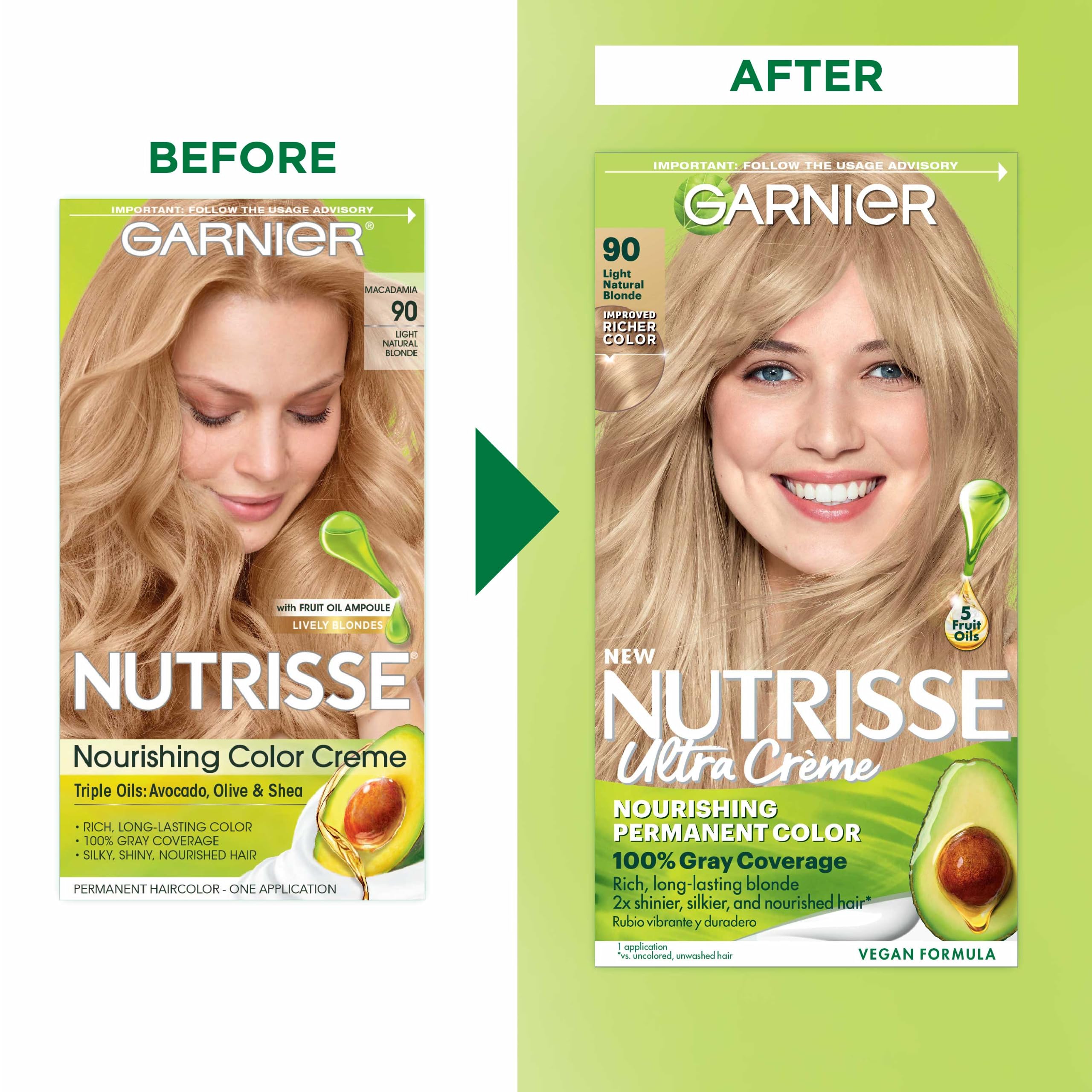 Garnier Hair Color Nutrisse Nourishing Creme, 90 Light Natural Blonde (Macadamia) Permanent Hair Dye, 2 Count (Packaging May Var