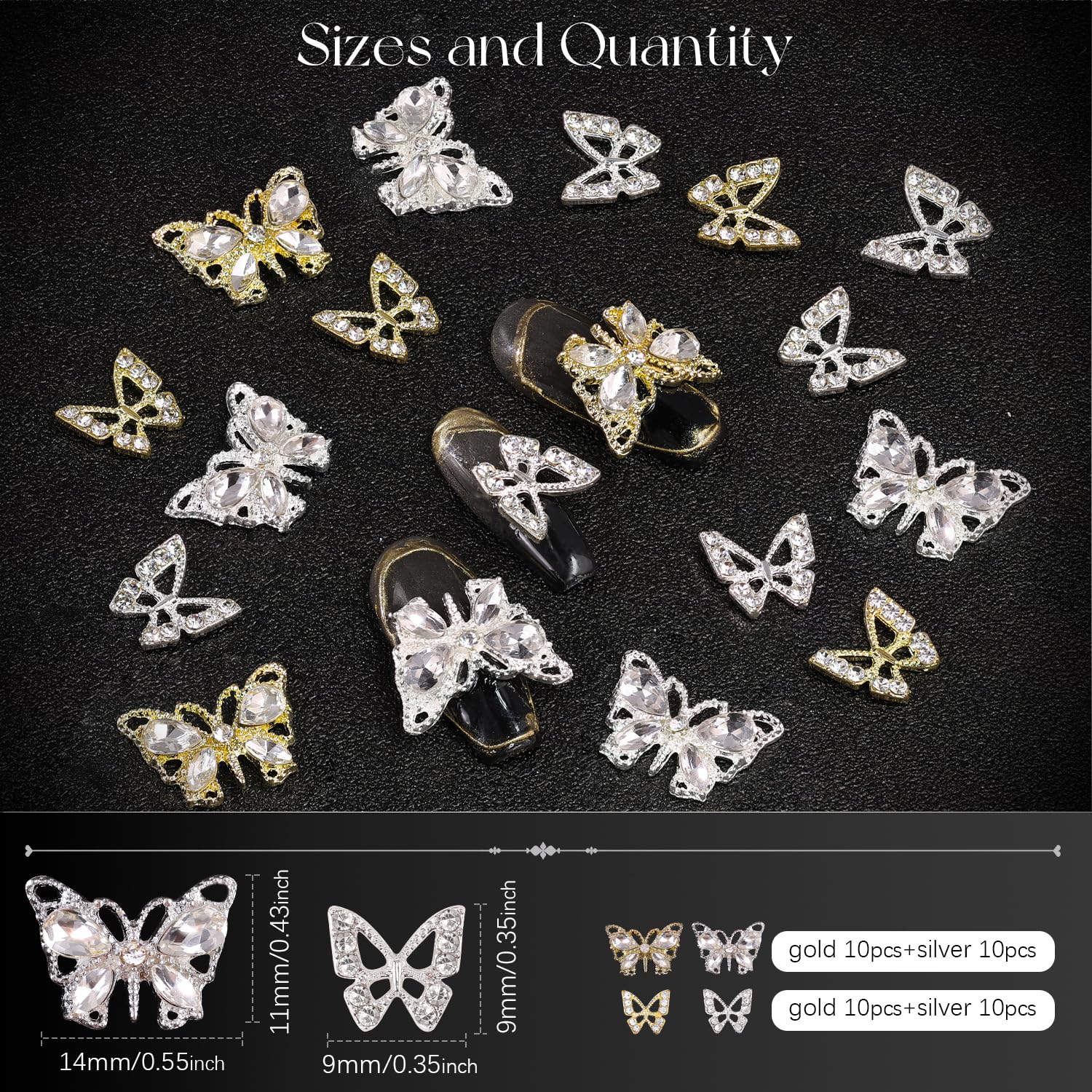 40Pcs 3D Butterfly Nail Charms, Gold + Silver Multi Shapes Shiny Luxury Gems, Crystal Diamond Jewels Studs With Rhinestones For