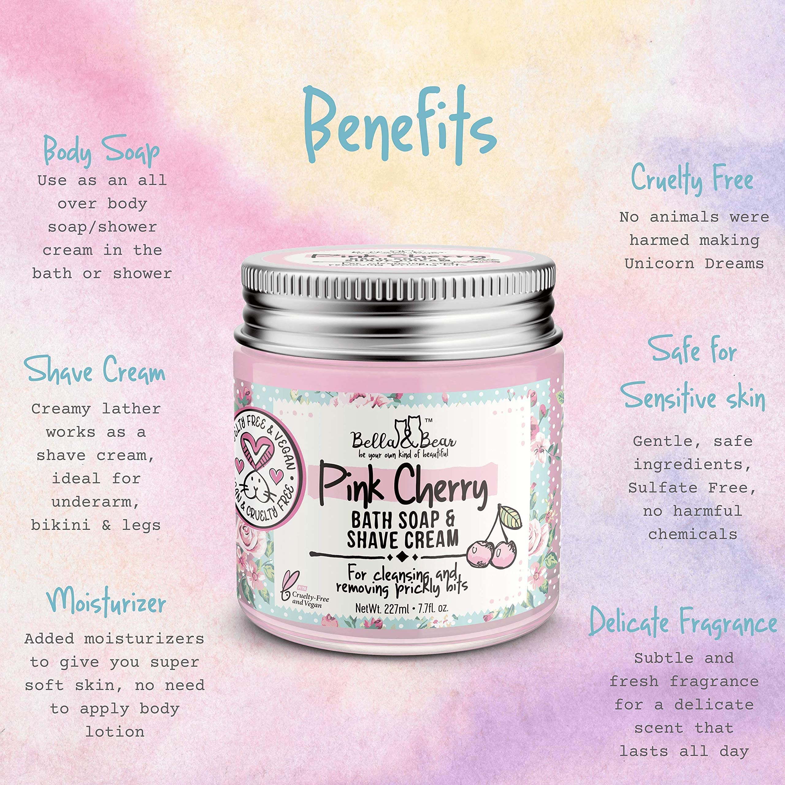 Bella & Bear Pink Cherry Bath Soap & Shave Cream, Paraben Free, No Harmful Chemicals, Cruelty Free, Vegan, 6.7Oz