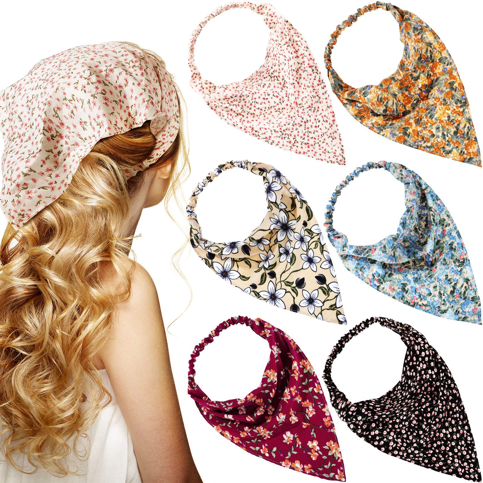 Syhood 6 Pcs Floral Elastic Hair Bandanas Boho Scarf Headband Chiffon Head Kerchief Turban with Hair Clips for Women(Rural Flora