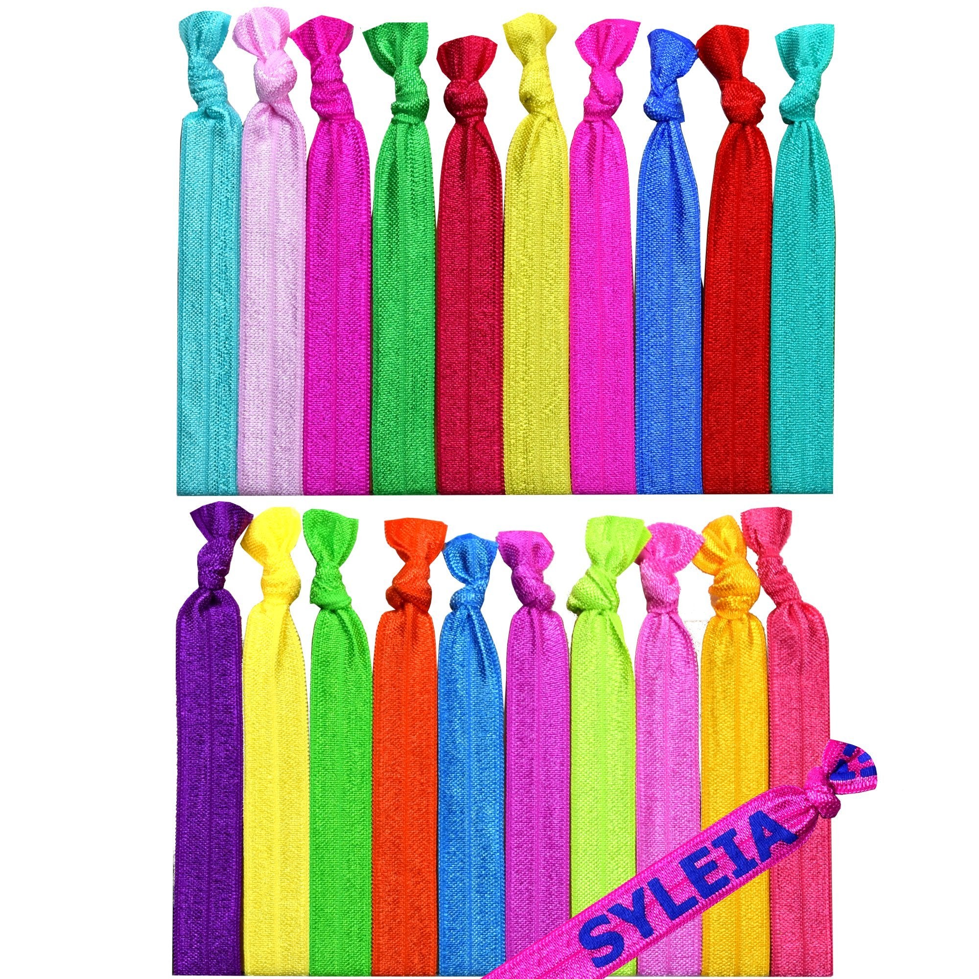 Syleia Pack Of 20 Candy Color Hair Ties, Ponytail Holders, Elastic Ribbon,Hair Band, Crease Free Hand Knotted Fold Over Ouchless