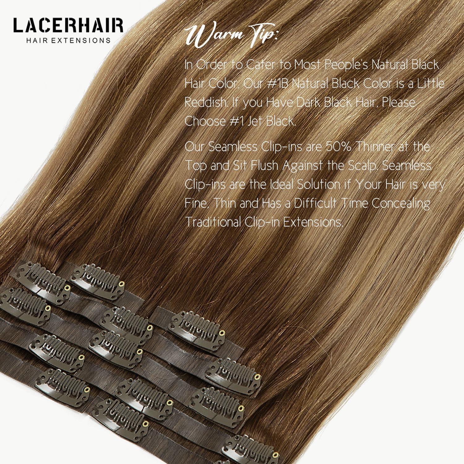 Lacer Hair Seamless Extensions Clip In Human Hair Chocolate Brown To Caramel Blonde Highlights With Chocolate Brown Roots 14 Inc