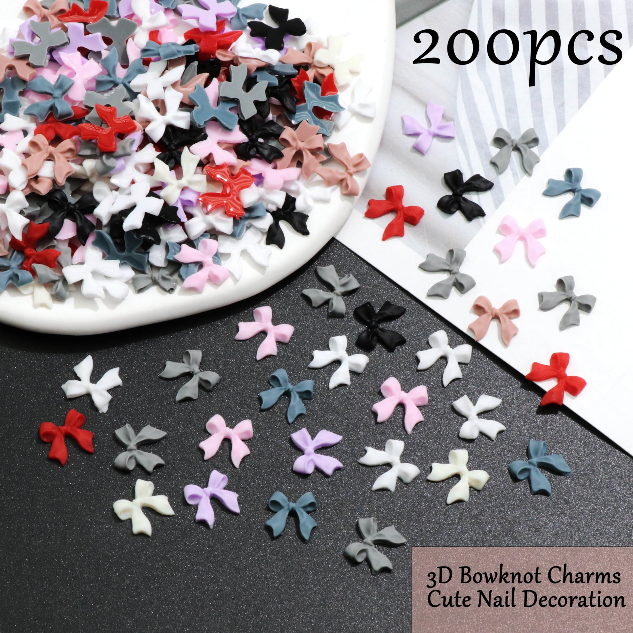 Rodaky 200Pcs Bow Nail Charms Colorful 3D Bowknot Charms For Nail Art Resin Flatback Bow Nail Stud Cute Nail Bow Charms Decorati