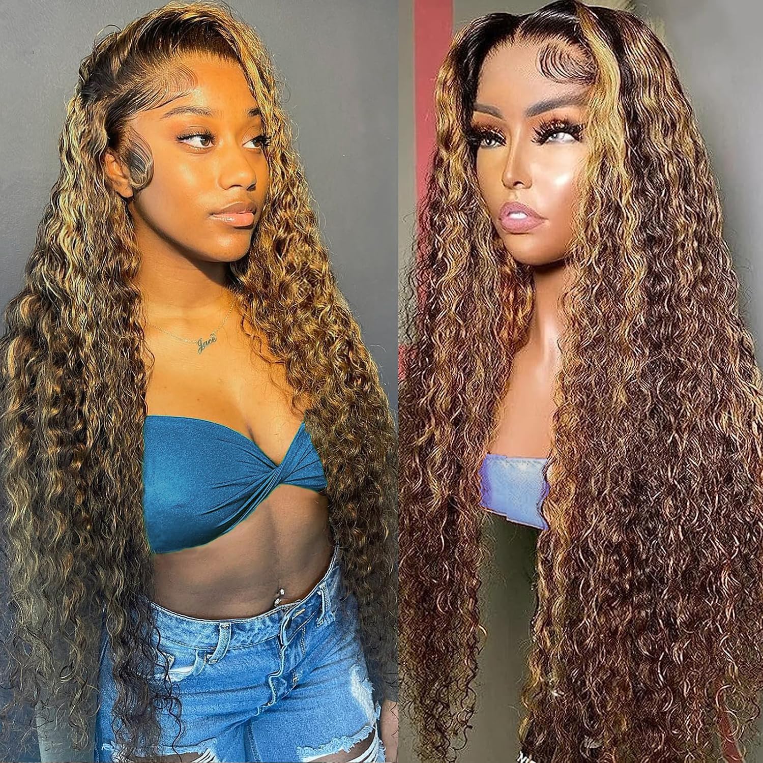Nervoss Highlight Deep Wave Lace Front Wigs Human Hair P4/27 Ombre 13x6 Wet and Wavy Frontal Wigs for Women Glueless Honey Blond