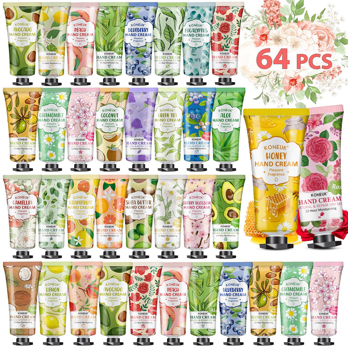 KONEUK 64 Pack Moisturizing Hand Cream Set For Women, Bulk Hand Lotion Travel Size for Dry Cracked Hands, Mini Hand Cream for Mo