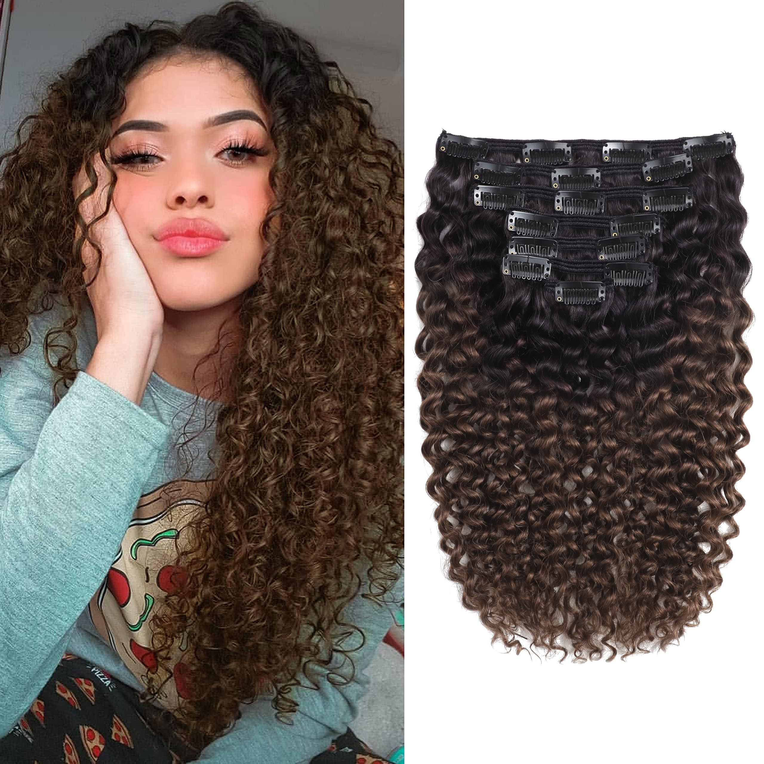 Anrosa Jerry Curly Clip in Human Hair Extensions 14 Inch Black to Brown