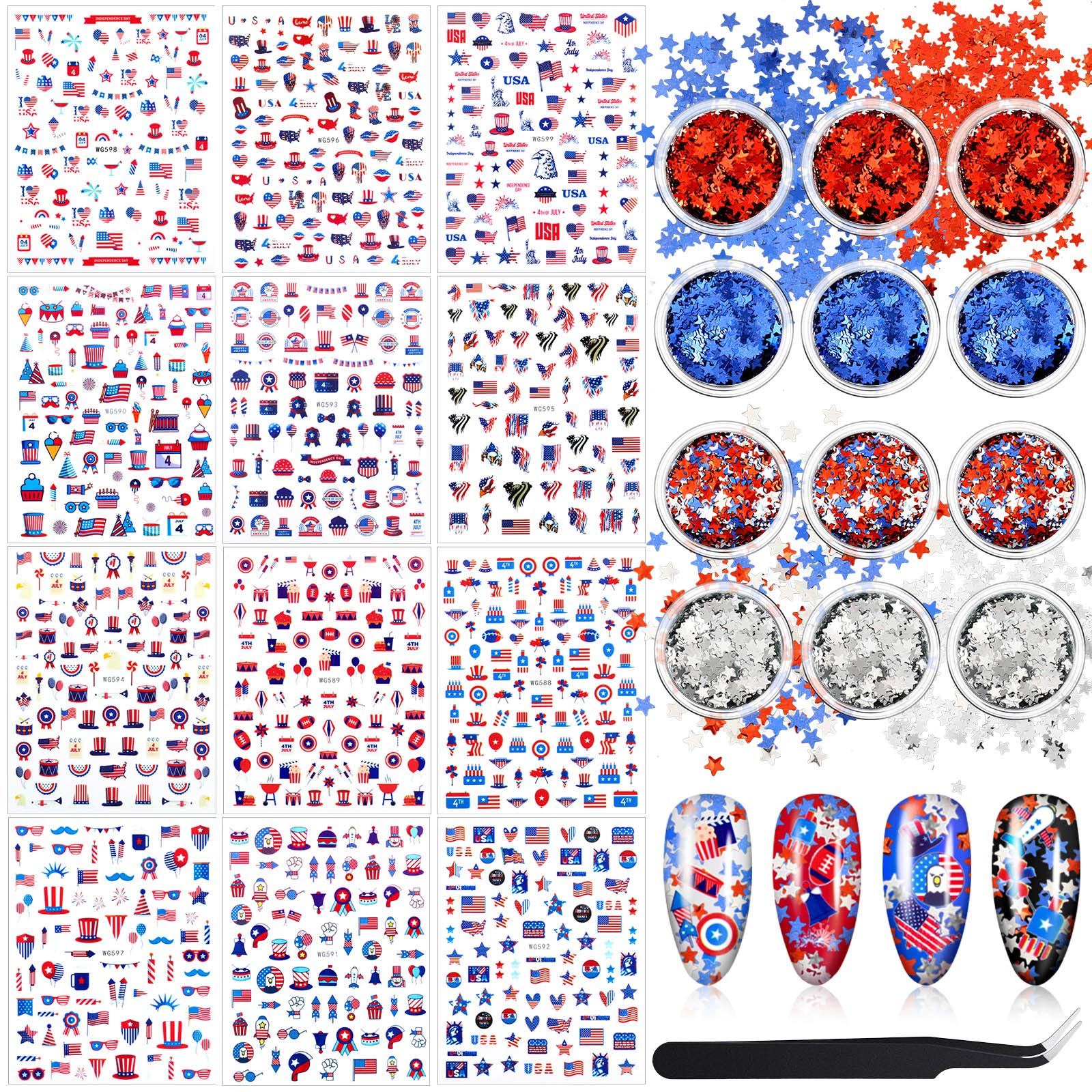 Maitys 12 Sheets 4th of July Nail Stickers with 12 Boxes Sequins 250th Anniversary Independence Day Decals 3D Self-Adhesive Patr