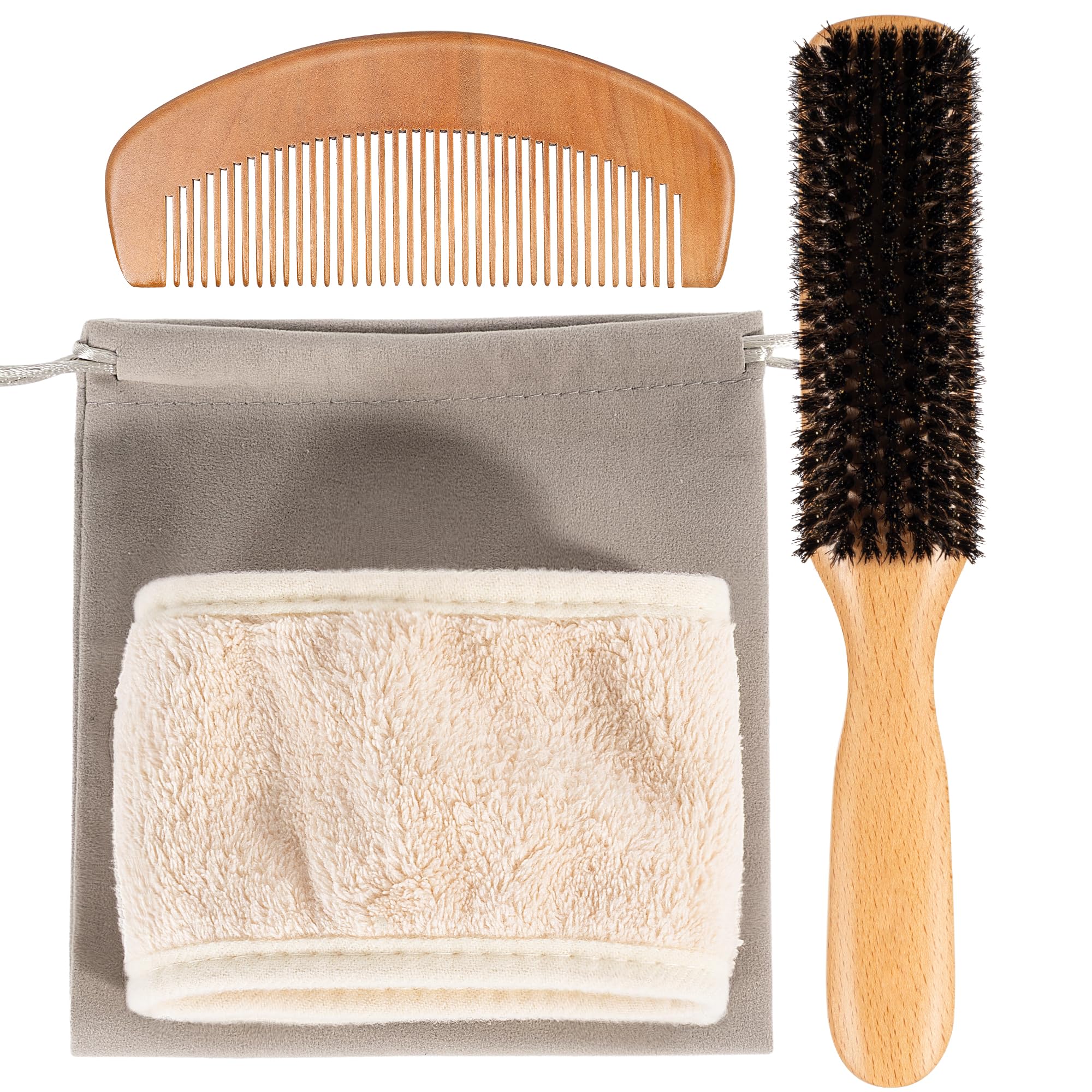 4PCS Boar Bristle Hair Brush Comb Set for Women Men Kid, Soft Natural Slick Back Hair Brush for Thin & Fine Hair, Travel Bag & S