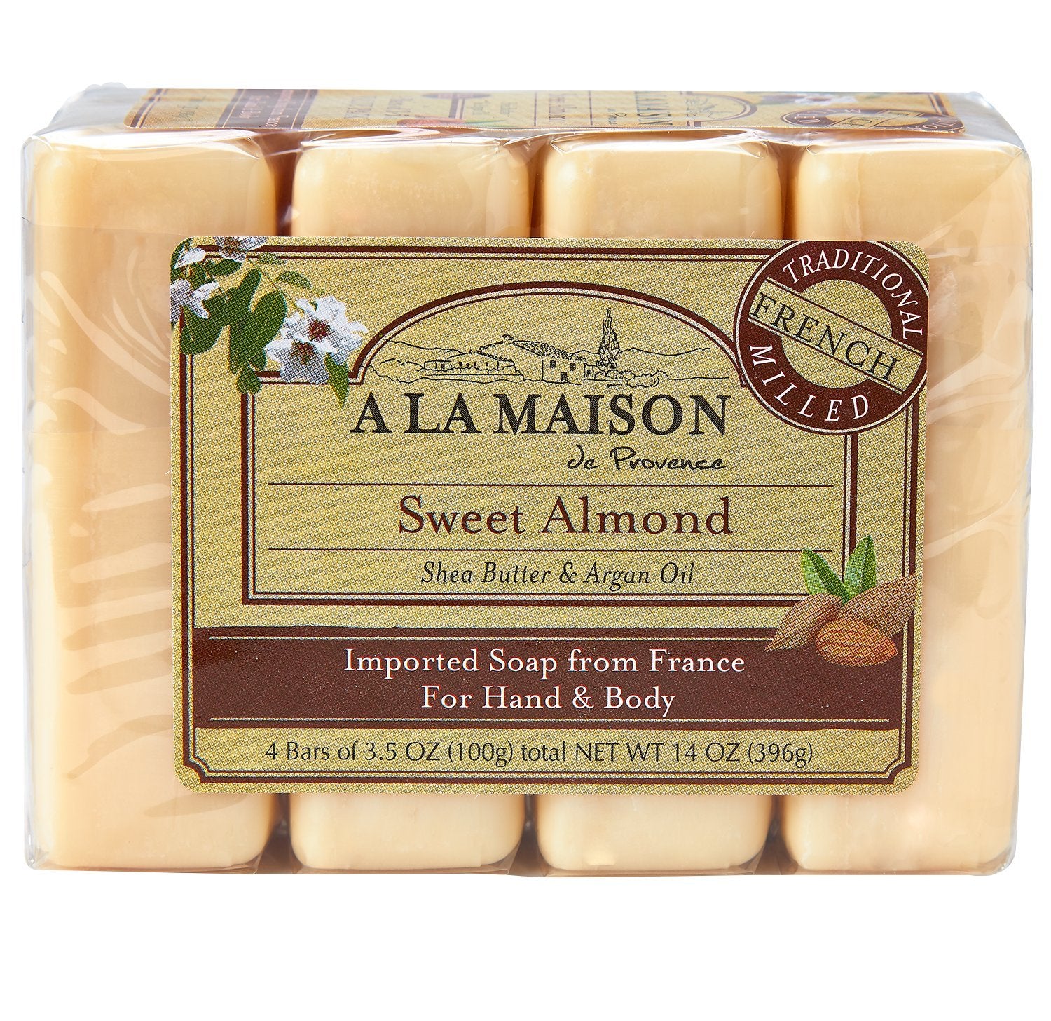 A LA MAISON Sweet Almond Bar Soap - Triple French Milled Unscented Natural Moisturizing Hand Soap Bar (4 Bars of Soap, 3.5 oz)